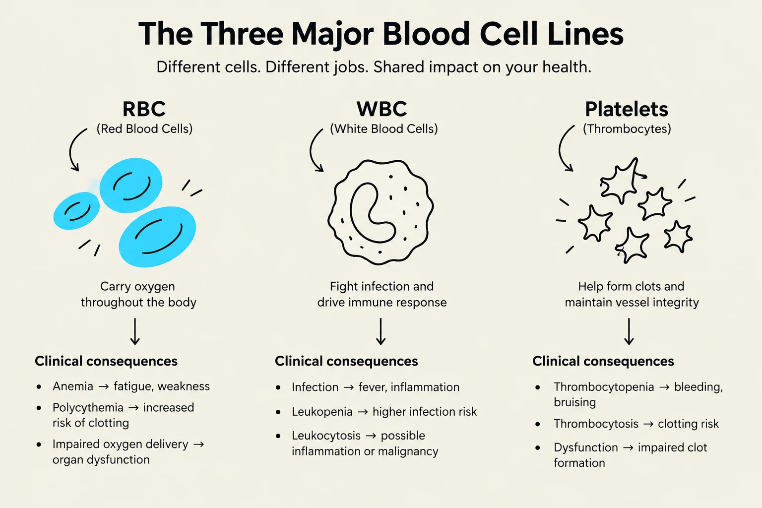 This diagram illustrates the three major blood cell lines: Red Blood Cells (RBCs), White Blood Cells (WBCs), and Platelets. It details their primary functions, such as carrying oxygen, fighting infection, and forming clots, respectively. The diagram also outlines the clinical consequences associated with deficiencies or abnormalities in each cell type, including anemia, increased infection risk, and bleeding disorders.