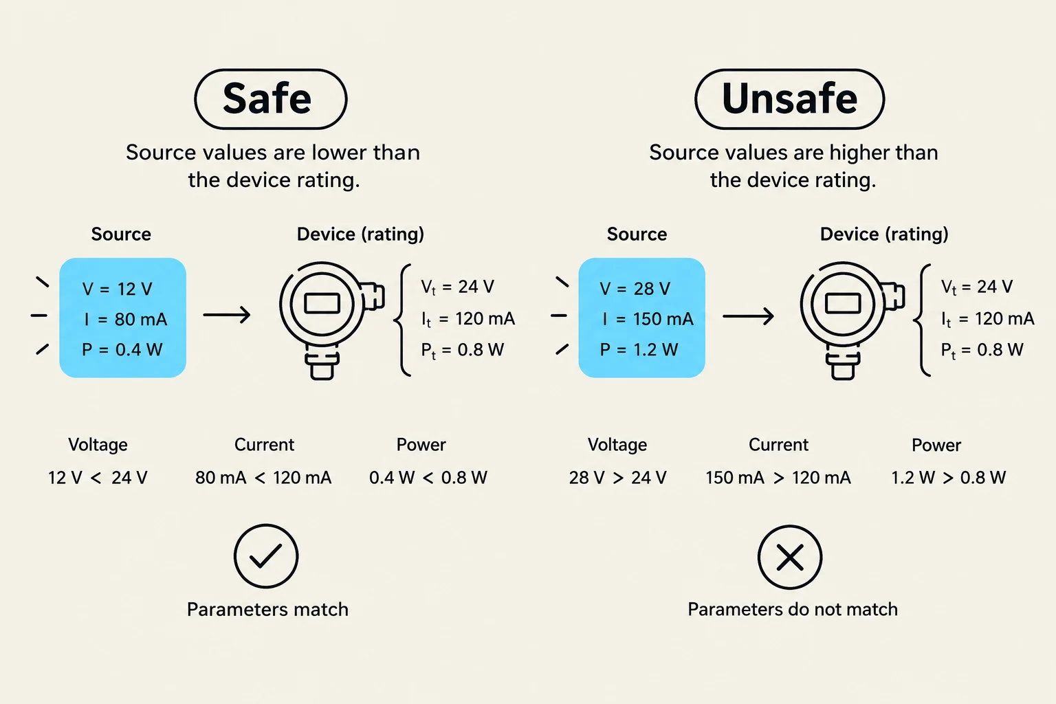 This illustration compares safe and unsafe electrical connections based on source values versus device ratings for voltage, current, and power.