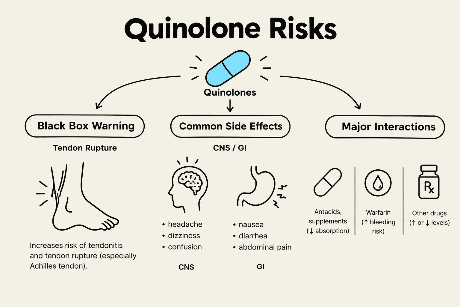This diagram outlines the risks associated with quinolone medications, including black box warnings for tendon rupture, common side effects affecting the central nervous system (CNS) and gastrointestinal (GI) tract, and major drug interactions.