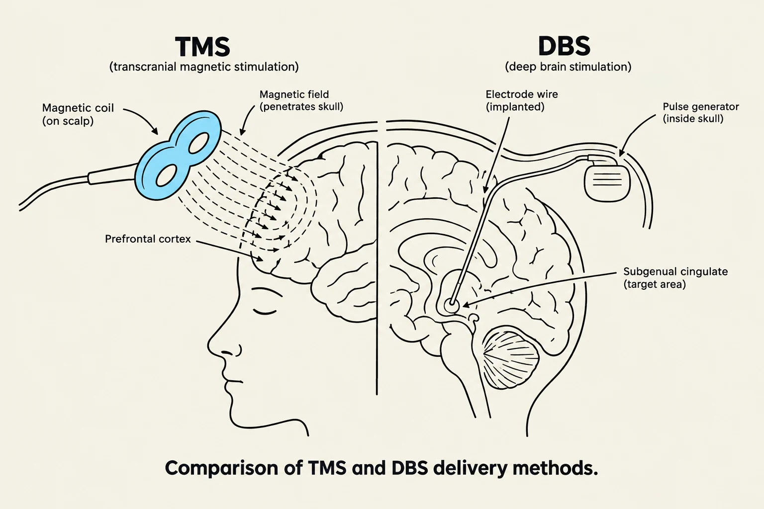 Comparison of Transcranial Magnetic Stimulation (TMS) and Deep Brain Stimulation (DBS) delivery methods.