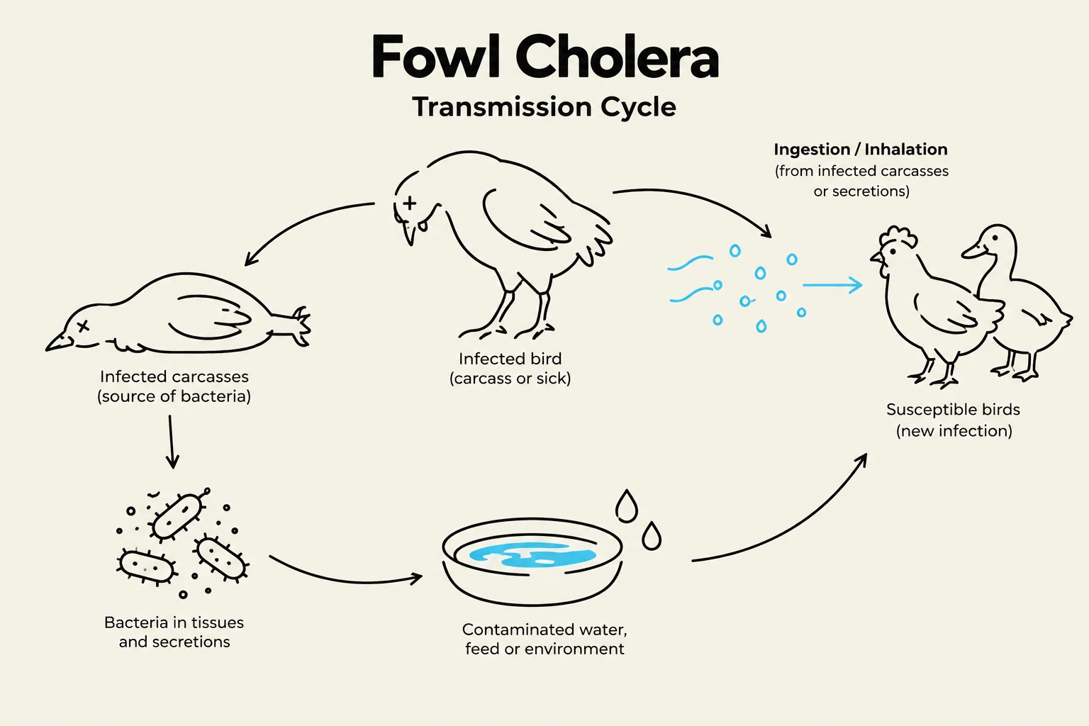 Diagram illustrating the transmission cycle of Fowl Cholera, showing how the disease spreads through infected birds, carcasses, contaminated environments, and susceptible birds.