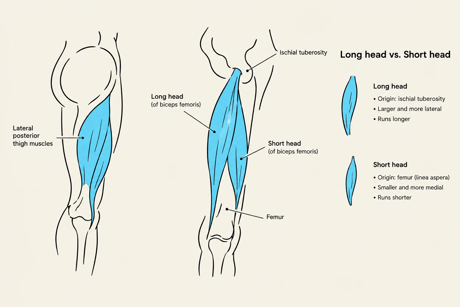 Diagram illustrating the long and short heads of the biceps femoris muscle, detailing their origins, relative positions, and lengths.