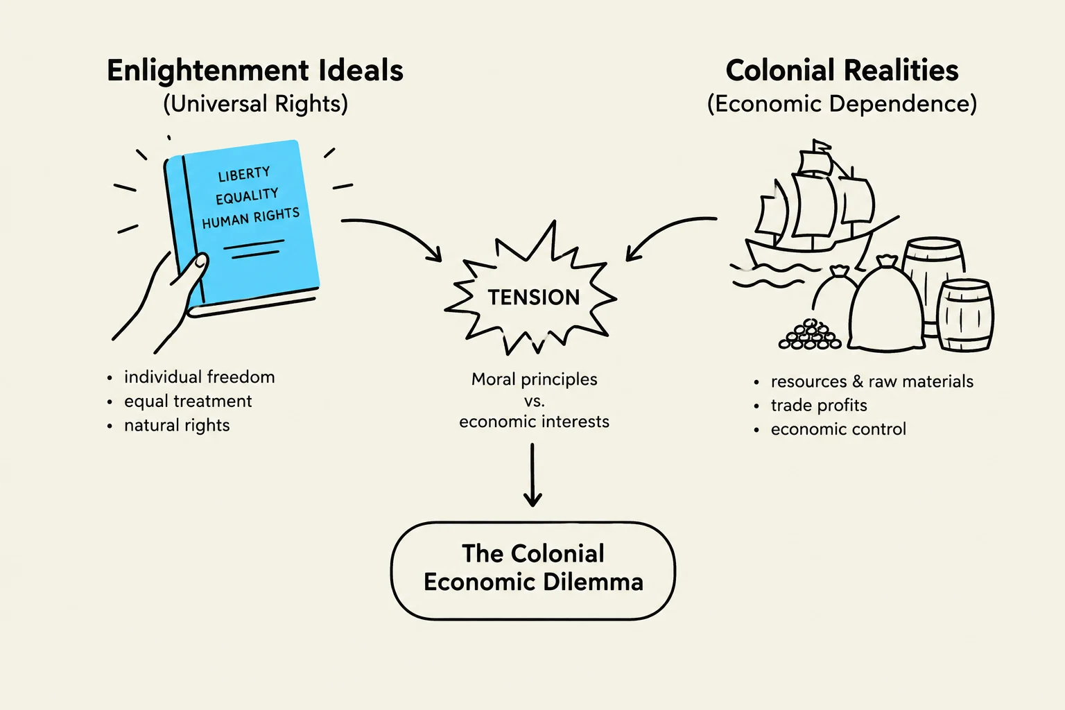 This diagram illustrates the tension between Enlightenment ideals of universal rights, such as liberty and equality, and the economic realities of colonial dependence, characterized by resource extraction and trade control, leading to the colonial economic dilemma.