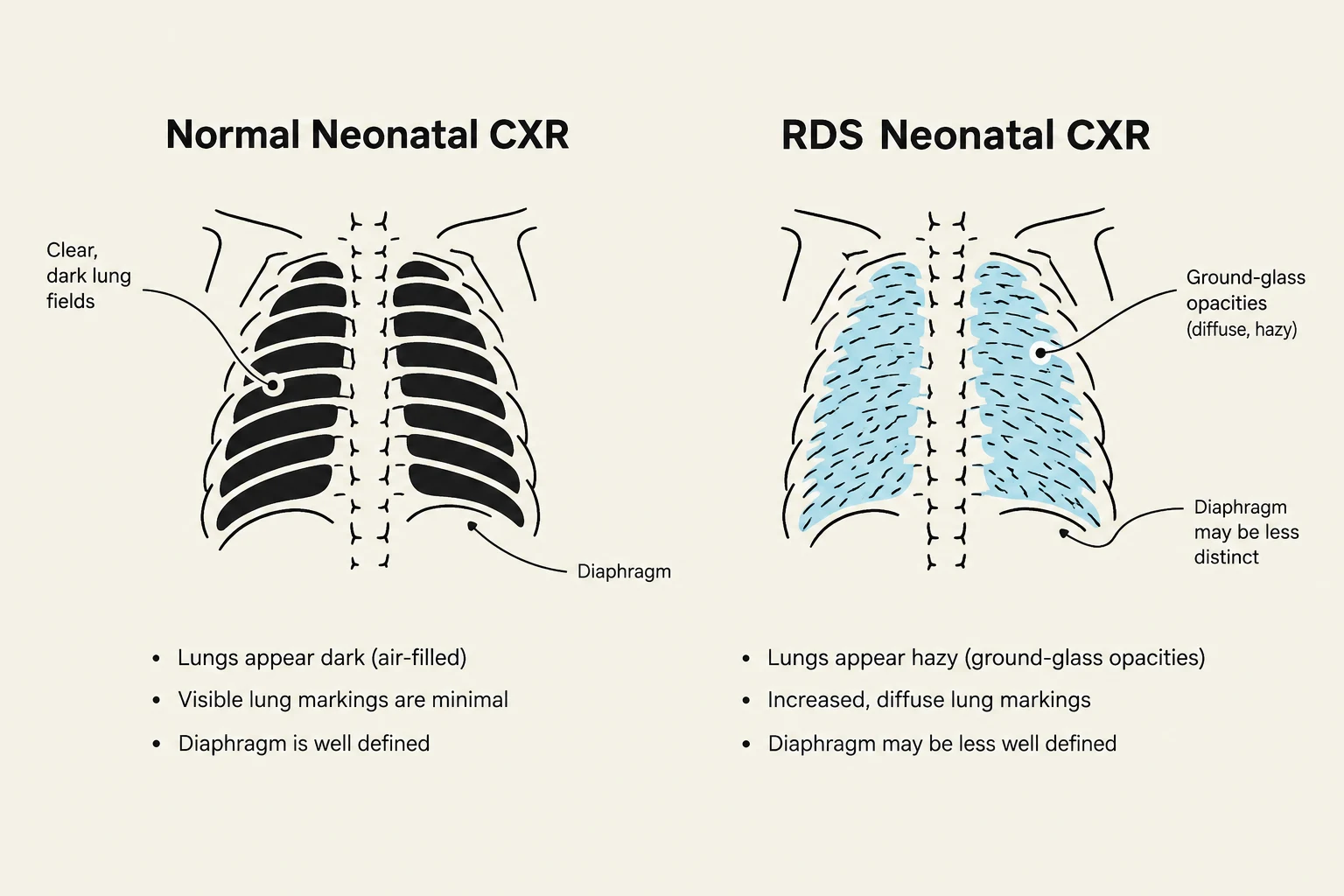 Comparison of a normal neonatal chest X-ray (CXR) with one showing Respiratory Distress Syndrome (RDS), highlighting differences in lung fields and diaphragm definition.