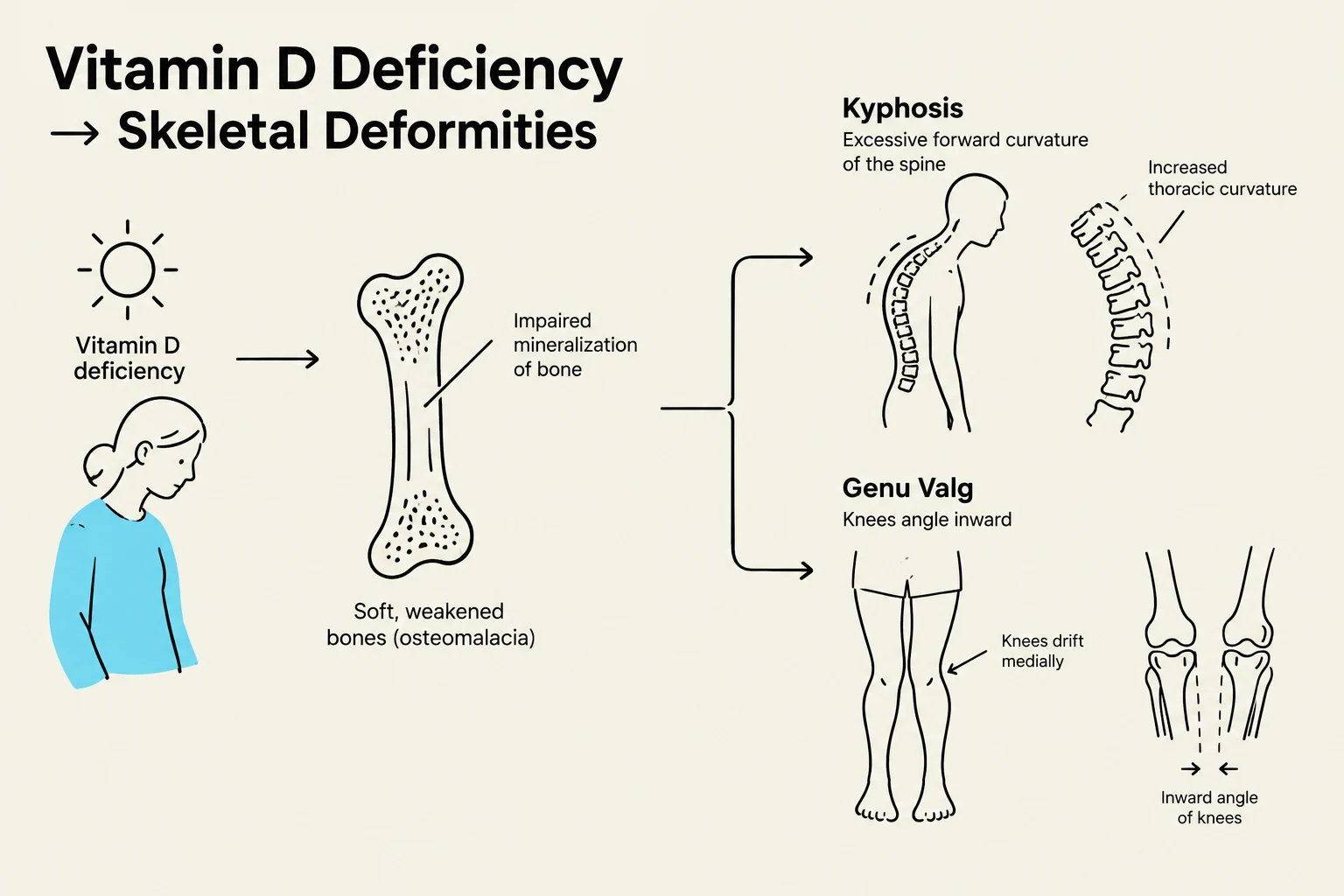 Diagram illustrating how Vitamin D deficiency can lead to skeletal deformities such as kyphosis and genu valgum, due to impaired bone mineralization and softening.