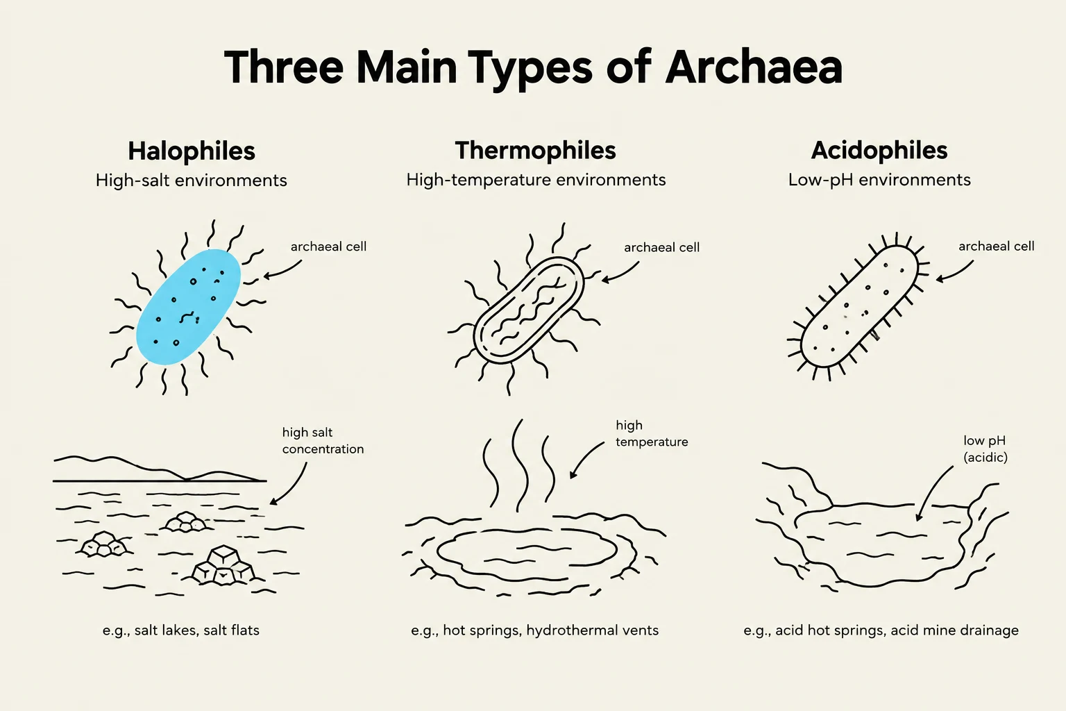 This diagram illustrates the three main types of archaea: Halophiles, which thrive in high-salt environments; Thermophiles, adapted to high-temperature conditions; and Acidophiles, which live in low-pH environments.