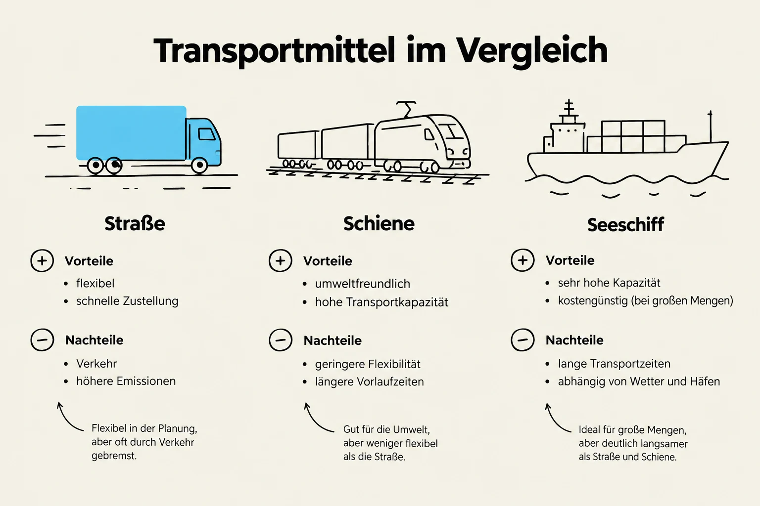 Comparison of transportation methods: road, rail, and sea, detailing advantages and disadvantages of each.