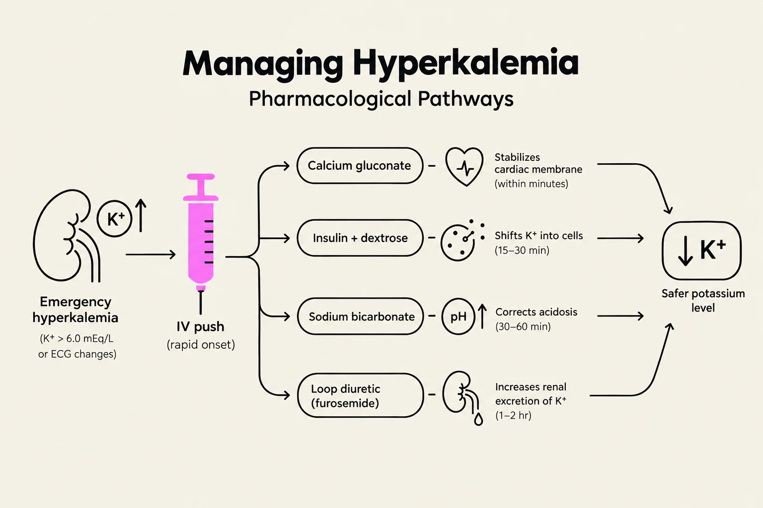 This diagram illustrates the pharmacological pathways for managing hyperkalemia, including treatments like calcium gluconate, insulin + dextrose, sodium bicarbonate, and loop diuretics, and their effects on potassium levels and related physiological processes.