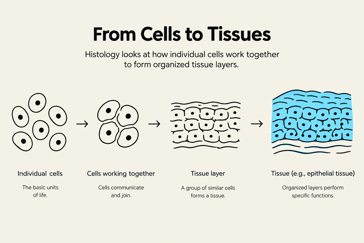 This diagram illustrates the progression from individual cells to organized tissue layers, explaining the fundamental concept of histology.