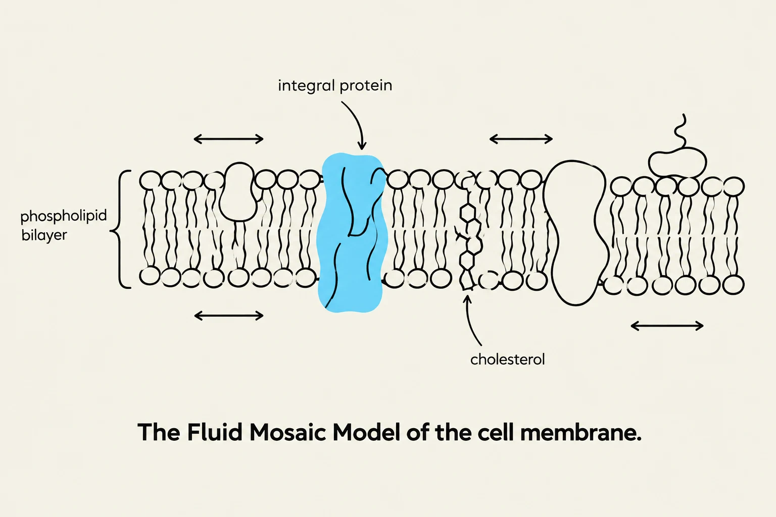 The Fluid Mosaic Model of the cell membrane illustrates the structure of the cell membrane, showing the phospholipid bilayer, integral proteins, and cholesterol.