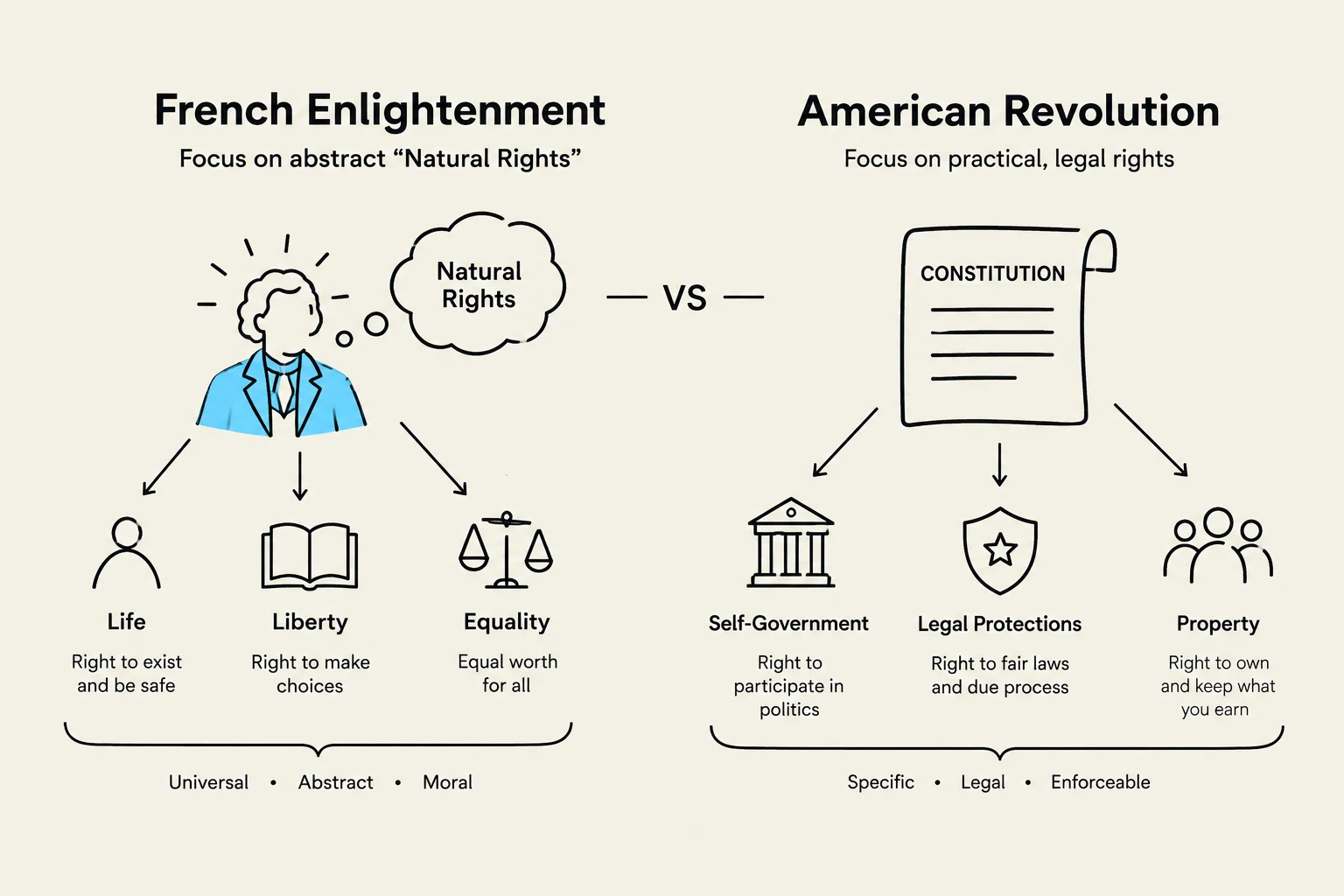 This diagram compares the French Enlightenment's focus on abstract natural rights like life, liberty, and equality with the American Revolution's emphasis on practical, legal rights such as self-government, legal protections, and property.
