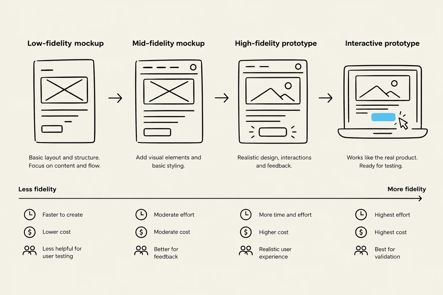 This diagram illustrates the progression from low-fidelity mockups to interactive prototypes in user interface design, highlighting the increasing effort, cost, and fidelity at each stage.
