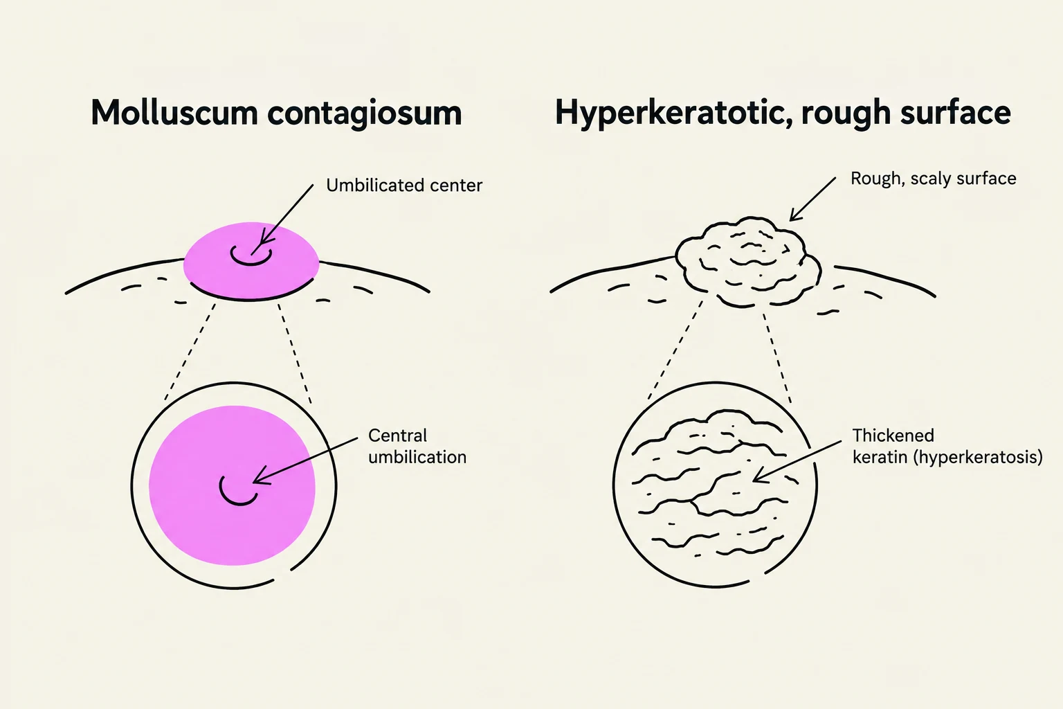 Diagrams illustrating Molluscum contagiosum with an umbilicated center and a hyperkeratotic, rough surface with thickened keratin.