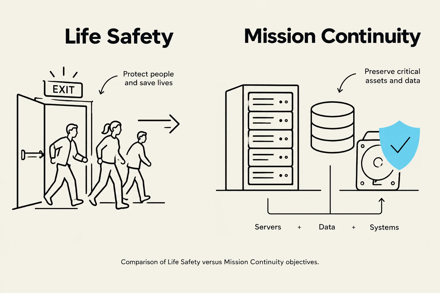 Comparison of Life Safety versus Mission Continuity objectives.