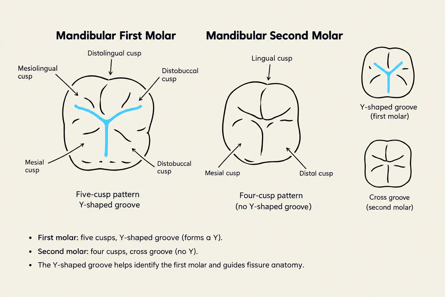 Diagrams illustrating the occlusal anatomy of the mandibular first and second molars, highlighting the differences in cusp patterns and grooves.