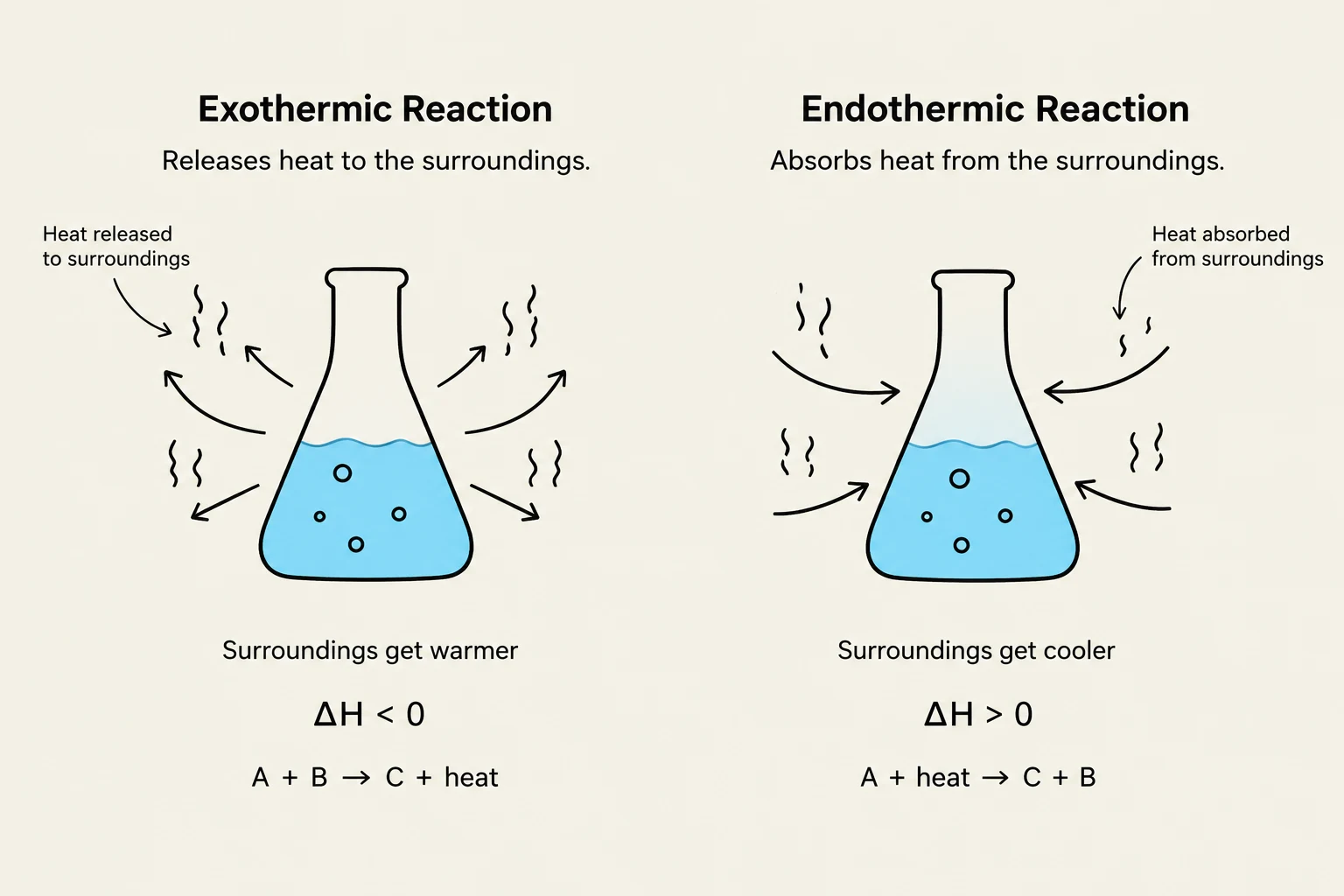 This illustration depicts the difference between exothermic and endothermic reactions, showing how heat is released or absorbed by the surroundings.