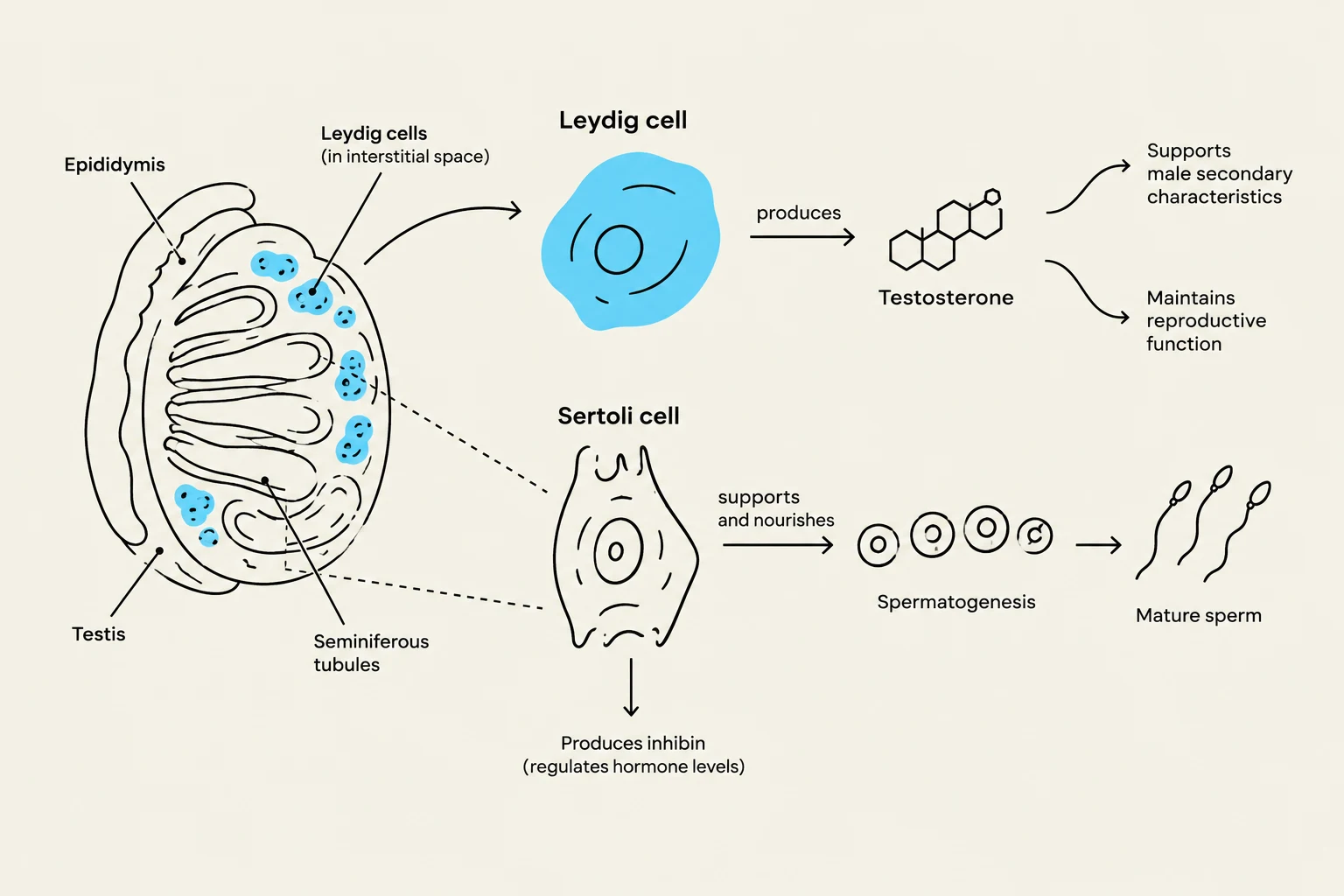 Diagram illustrating the function of Leydig and Sertoli cells in the testis, leading to testosterone production and spermatogenesis, ultimately resulting in mature sperm.