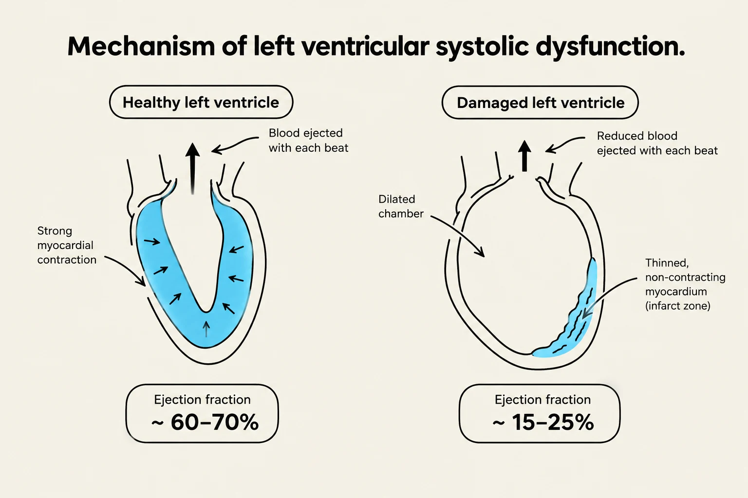 This diagram illustrates the mechanism of left ventricular systolic dysfunction by comparing a healthy left ventricle with a damaged one. It highlights differences in chamber size, myocardial contraction strength, blood ejection efficiency, and ejection fraction.