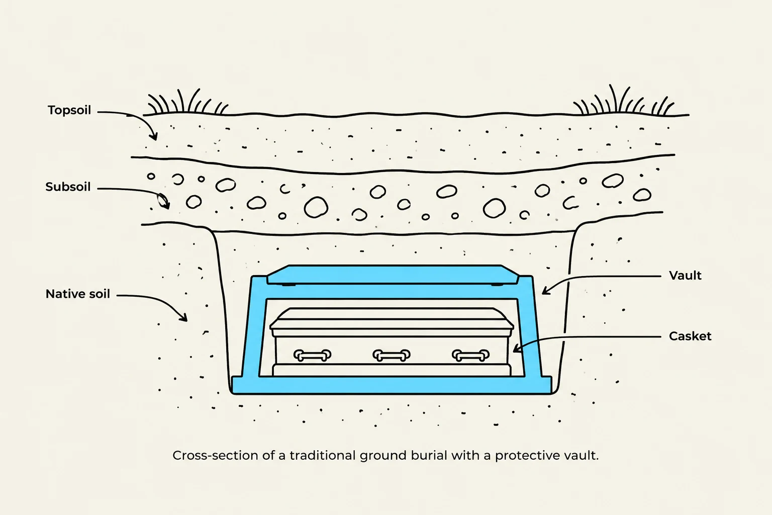 Cross-section of a traditional ground burial with a protective vault.