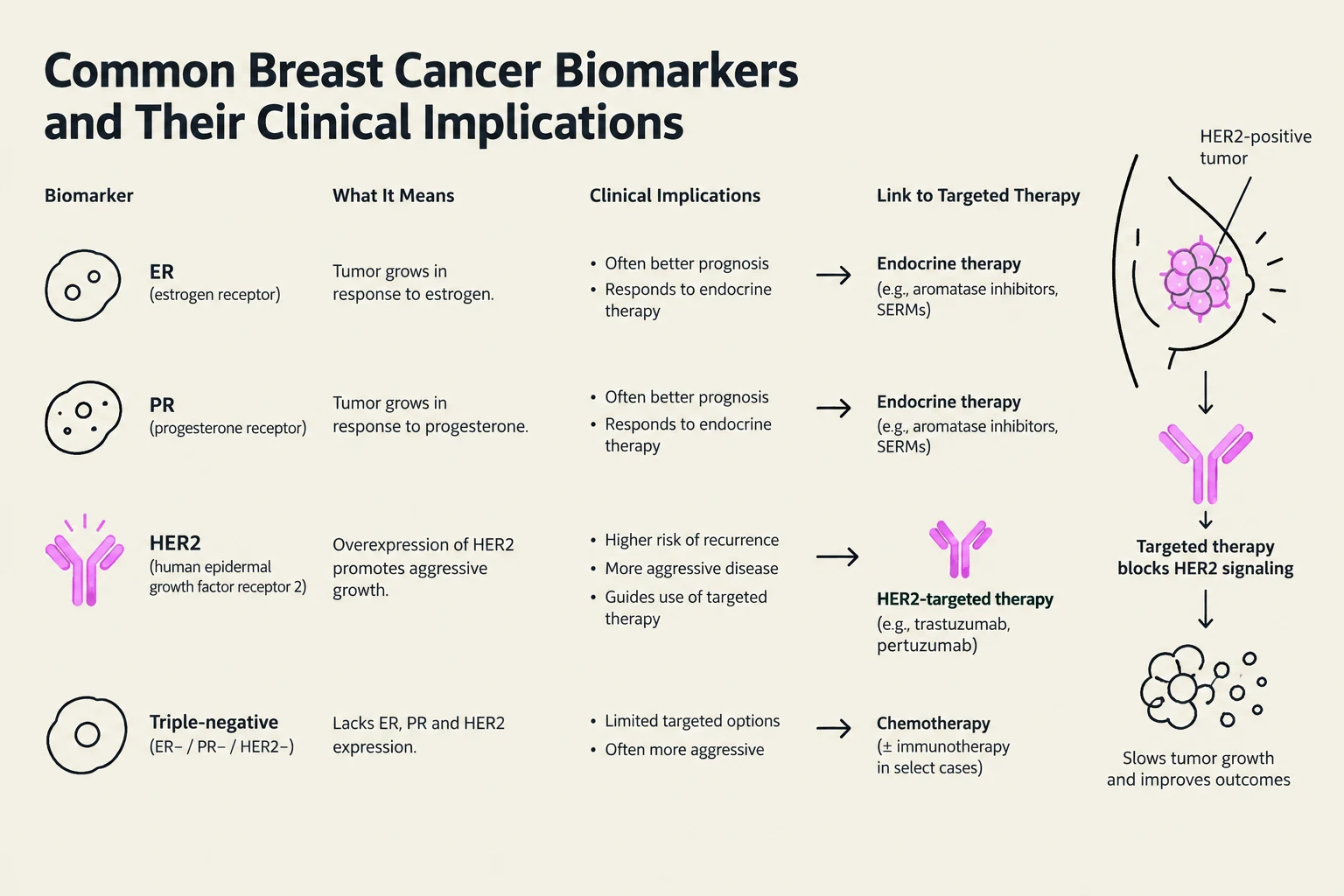 This diagram illustrates common breast cancer biomarkers (ER, PR, HER2, and triple-negative) and their clinical implications, including links to targeted therapies such as endocrine therapy, HER2-targeted therapy, and chemotherapy.