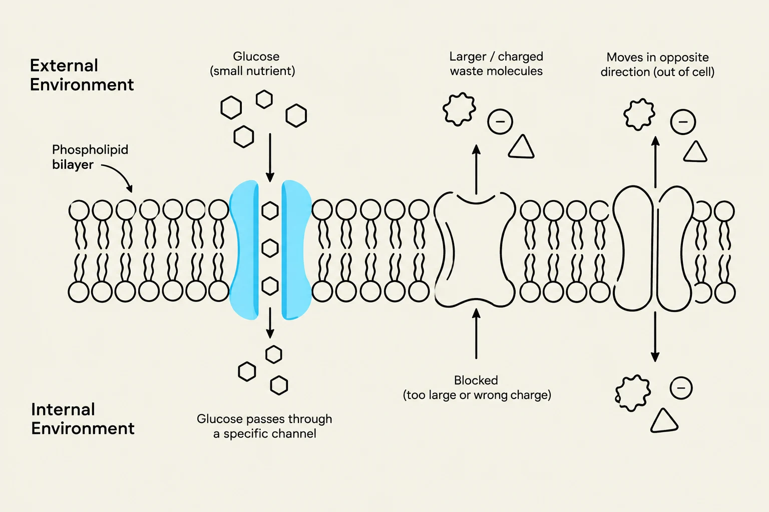 This diagram illustrates how a cell membrane's phospholipid bilayer regulates the passage of molecules. Small nutrients like glucose can pass through specific channels, while larger or charged waste molecules are blocked or moved in the opposite direction out of the cell.