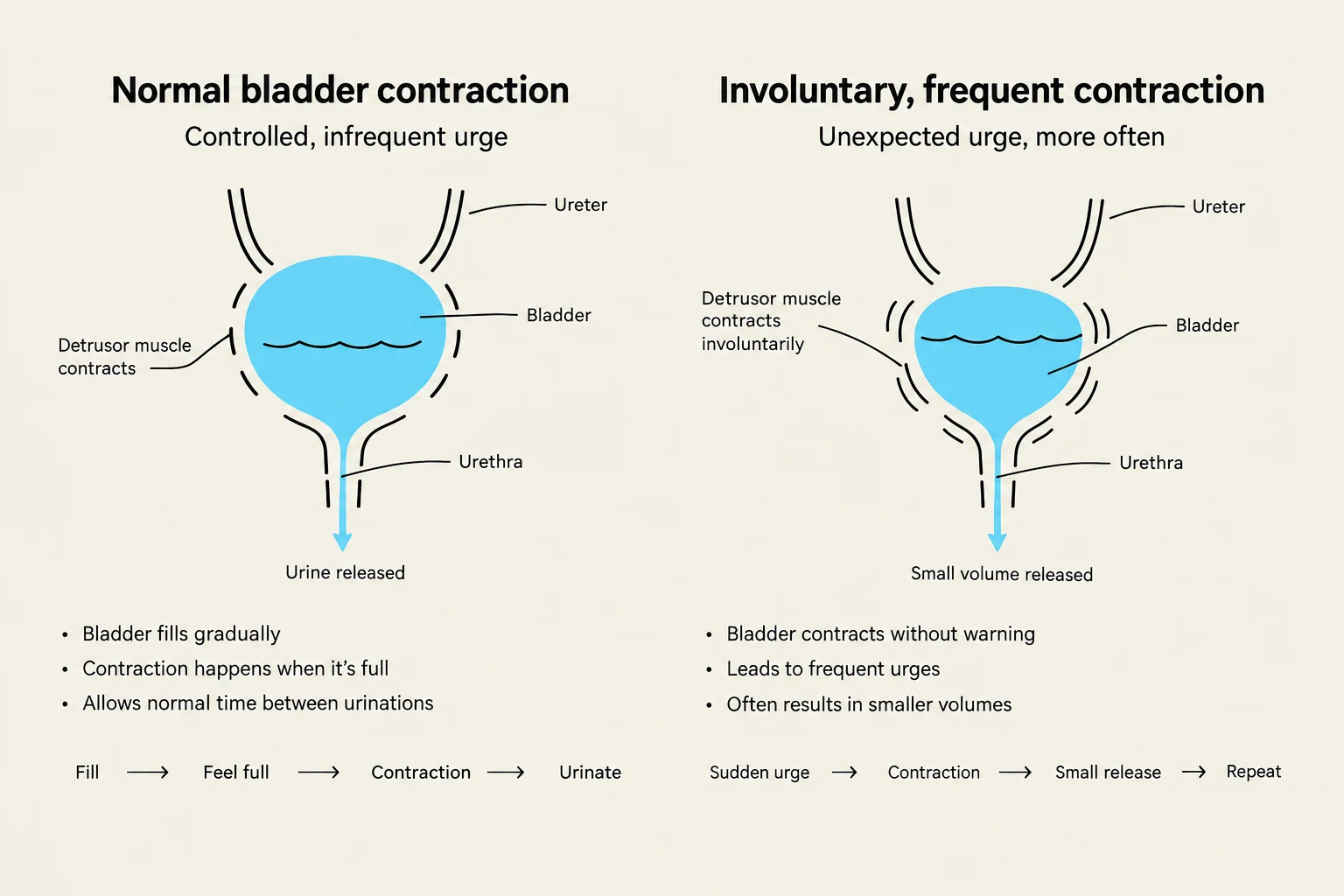 Diagrams illustrating normal bladder contraction versus involuntary, frequent bladder contraction, detailing the processes and resulting urges.