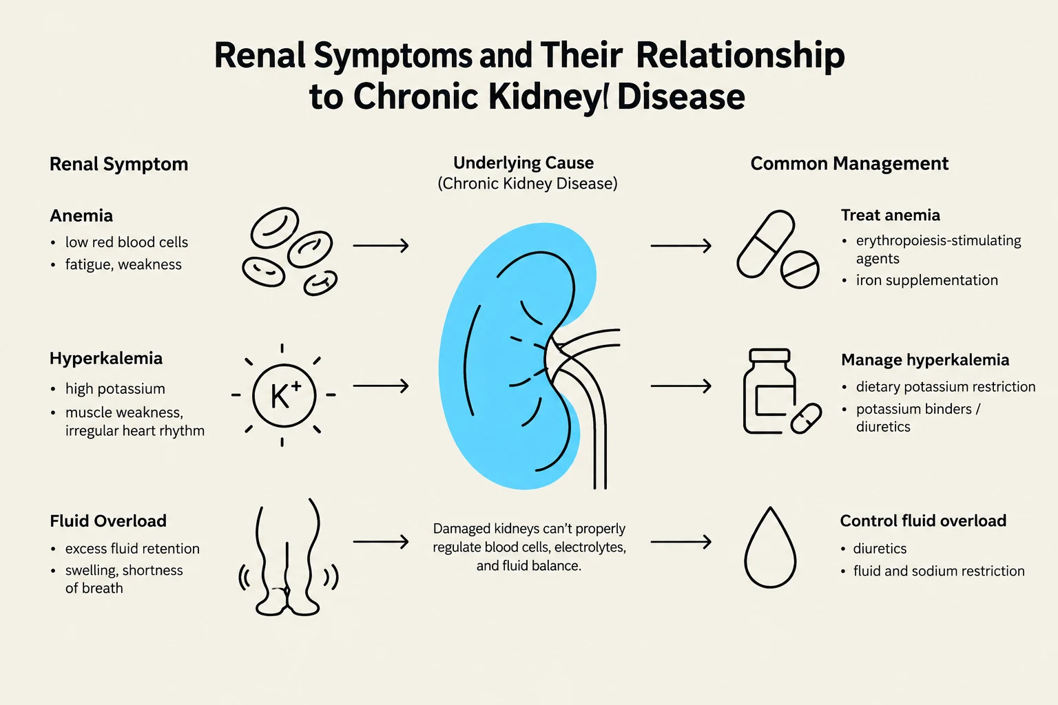 This diagram illustrates the relationship between renal symptoms and chronic kidney disease, outlining common causes and management strategies for anemia, hyperkalemia, and fluid overload.