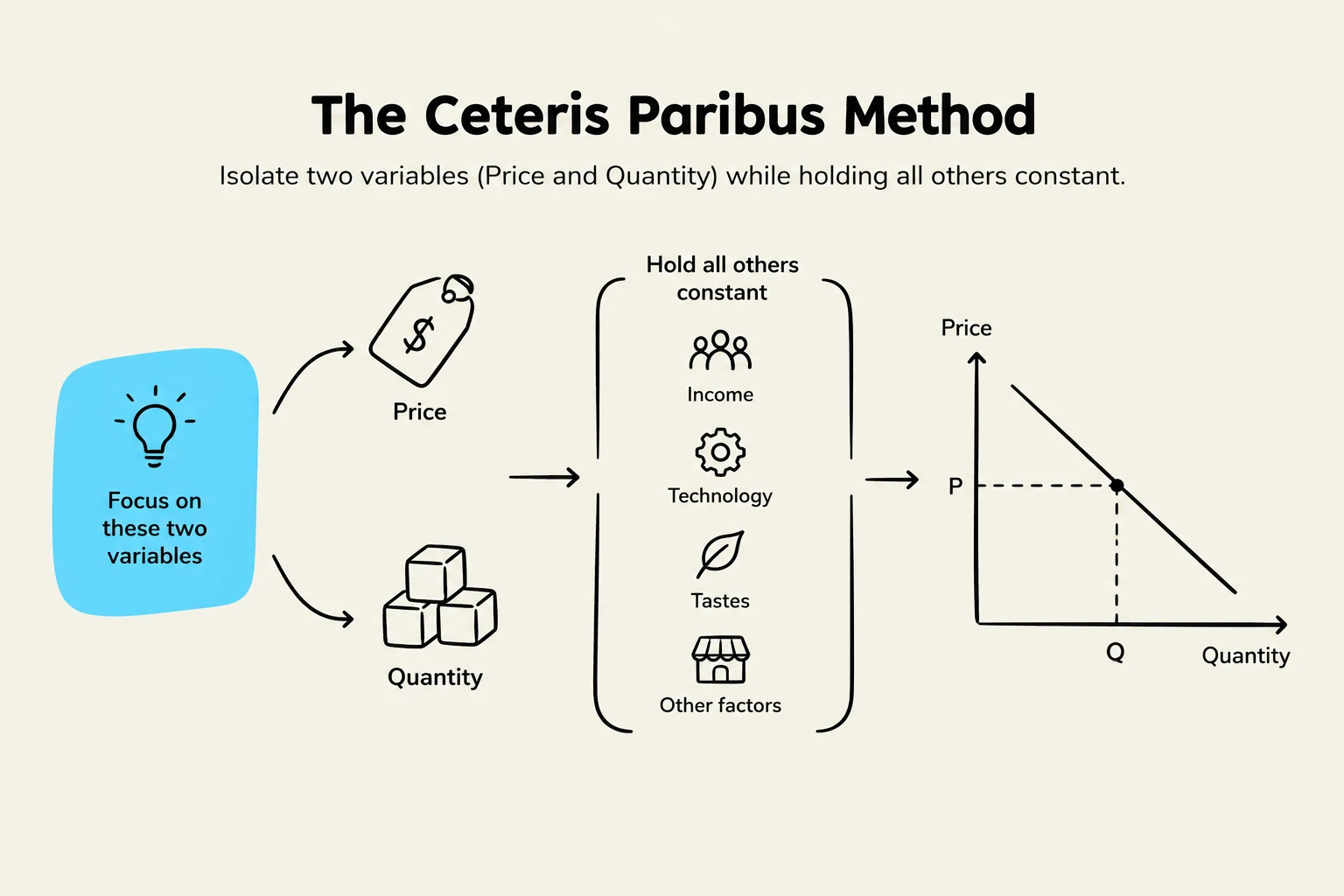 The Ceteris Paribus method illustrates how to isolate two variables, Price and Quantity, while holding all other factors constant, as depicted in an economics graph.