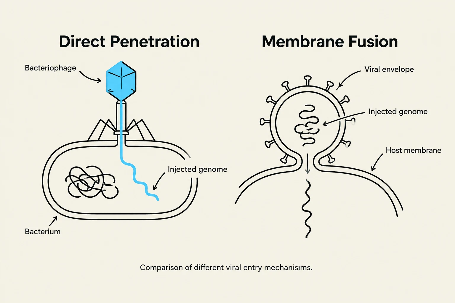 Comparison of different viral entry mechanisms: Direct Penetration and Membrane Fusion.