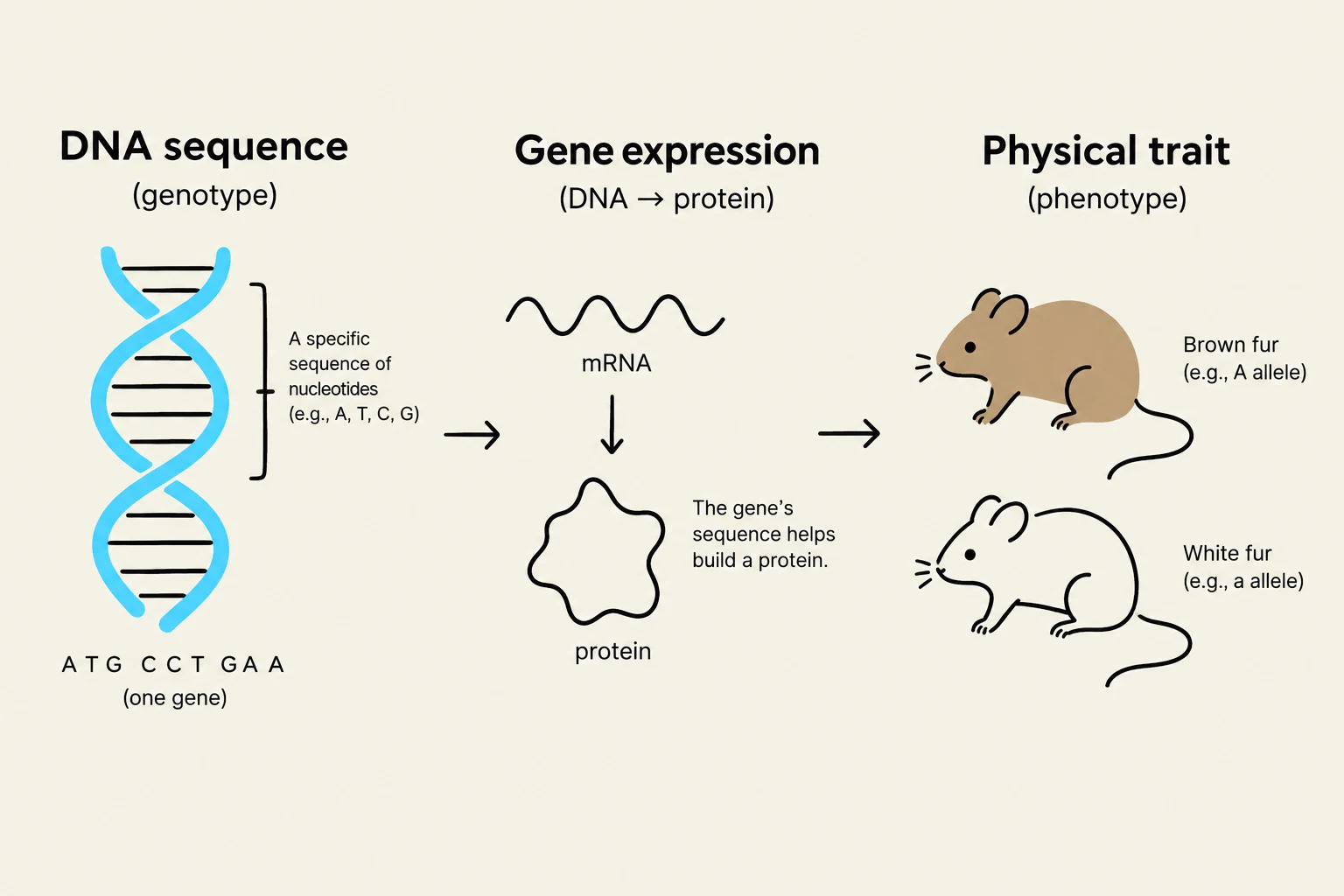 This diagram illustrates the relationship between DNA sequence (genotype), gene expression (DNA to protein), and physical trait (phenotype), using the example of fur color in mice.