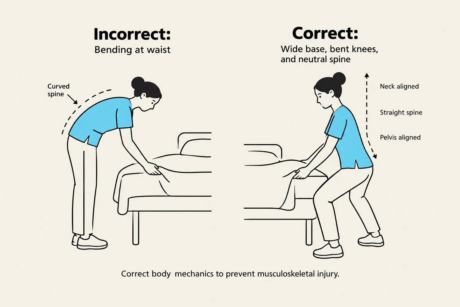 Illustration showing correct and incorrect body mechanics for bending to prevent musculoskeletal injury.