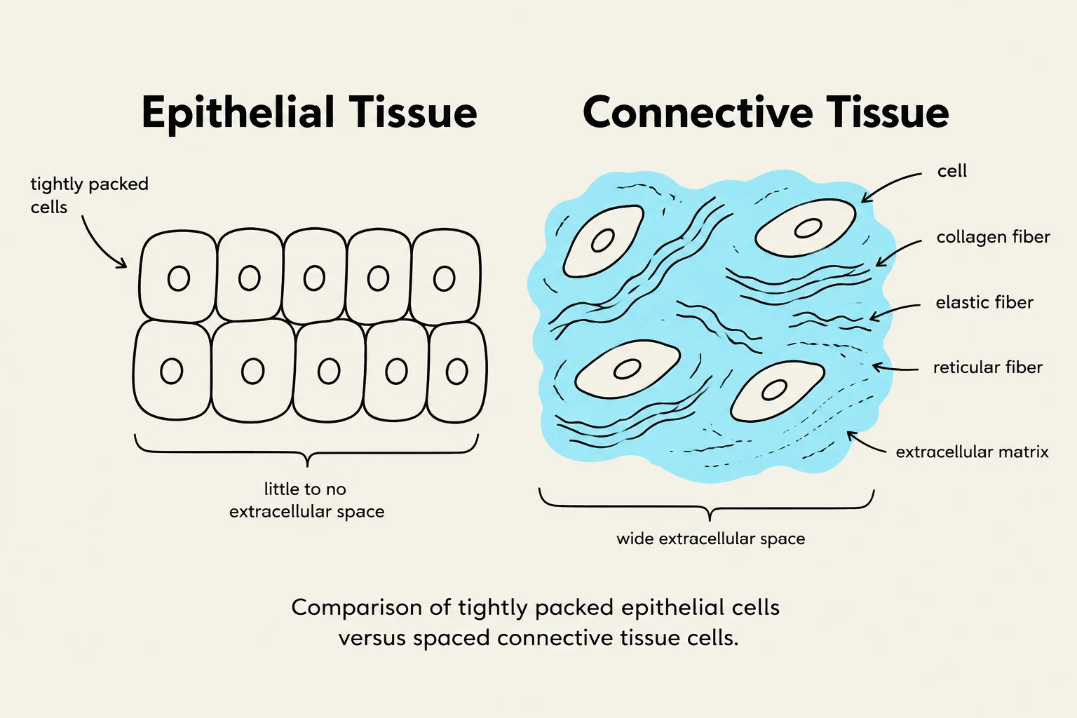 Comparison of epithelial tissue, characterized by tightly packed cells with little extracellular space, and connective tissue, featuring spaced cells within a wide extracellular matrix containing various fibers.