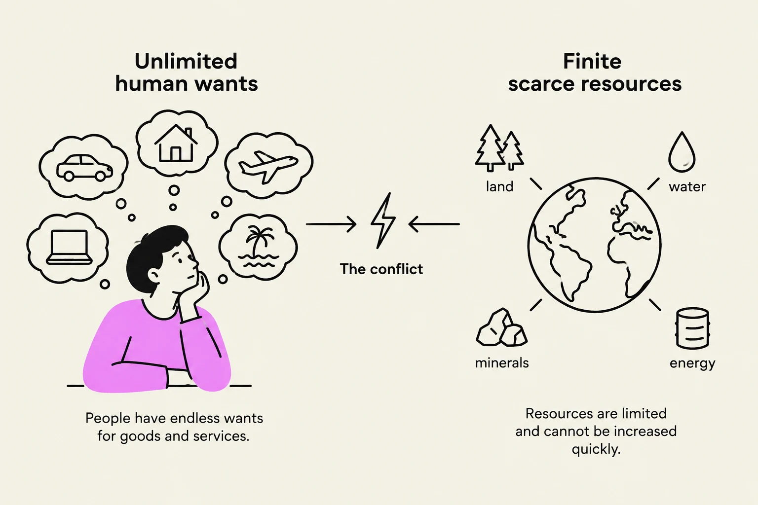This illustration depicts the economic concept of scarcity, where unlimited human wants conflict with finite resources such as land, water, minerals, and energy.