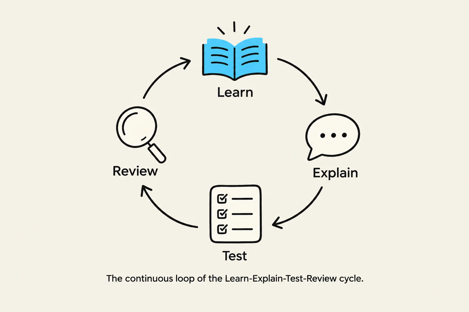 A diagram illustrating the continuous learning cycle, which includes learning, explaining, testing, and reviewing.
