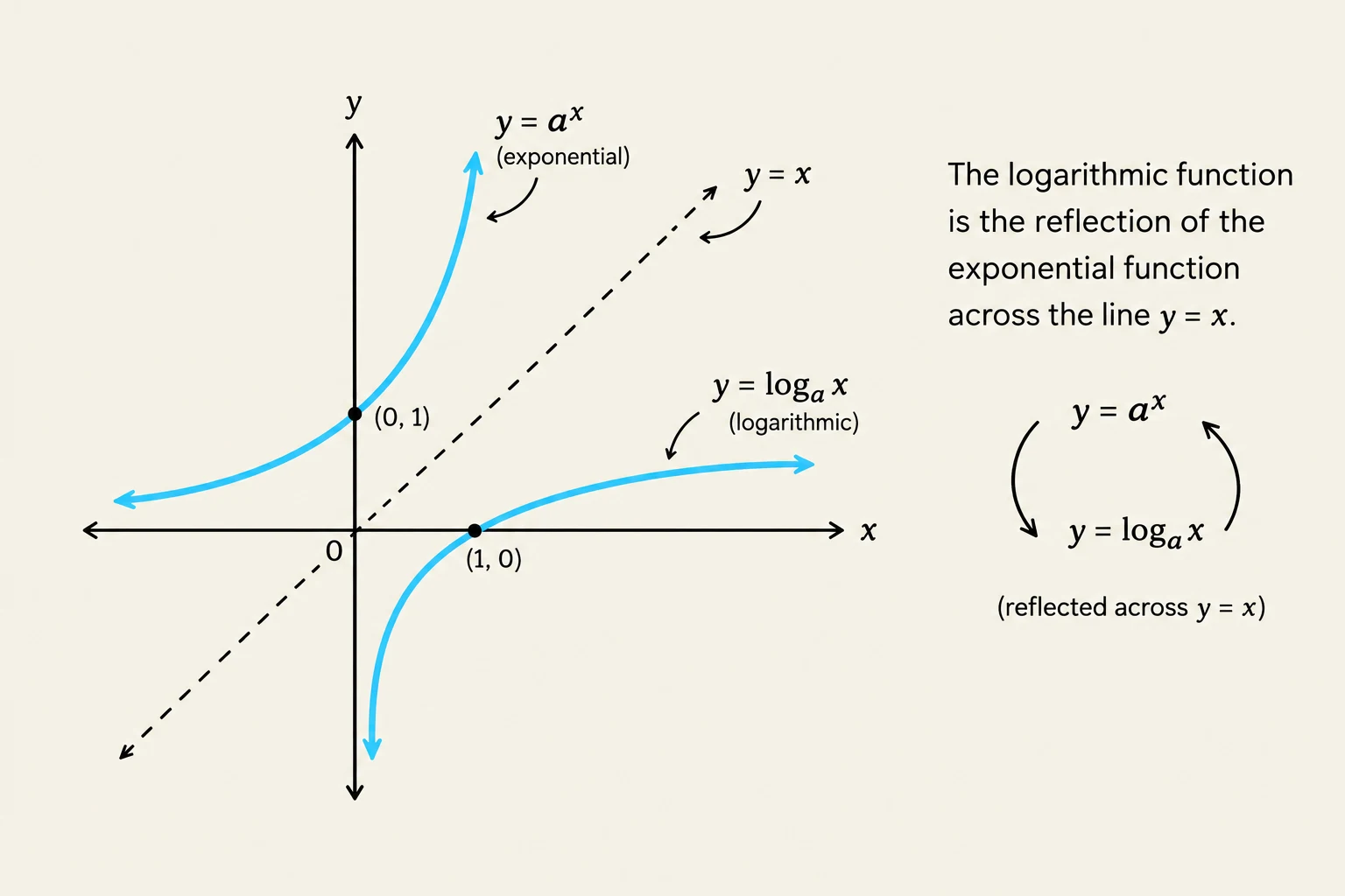 The graph illustrates the relationship between exponential and logarithmic functions, showing that the logarithmic function is the reflection of the exponential function across the line y = x.