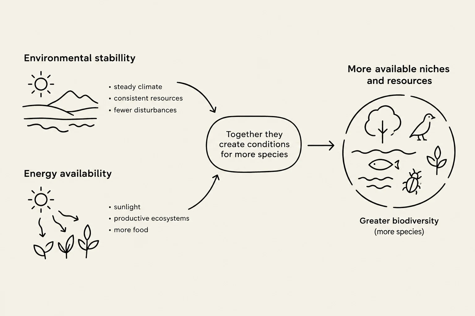 This diagram illustrates how environmental stability and energy availability contribute to creating conditions for more species, leading to greater biodiversity with more available niches and resources.
