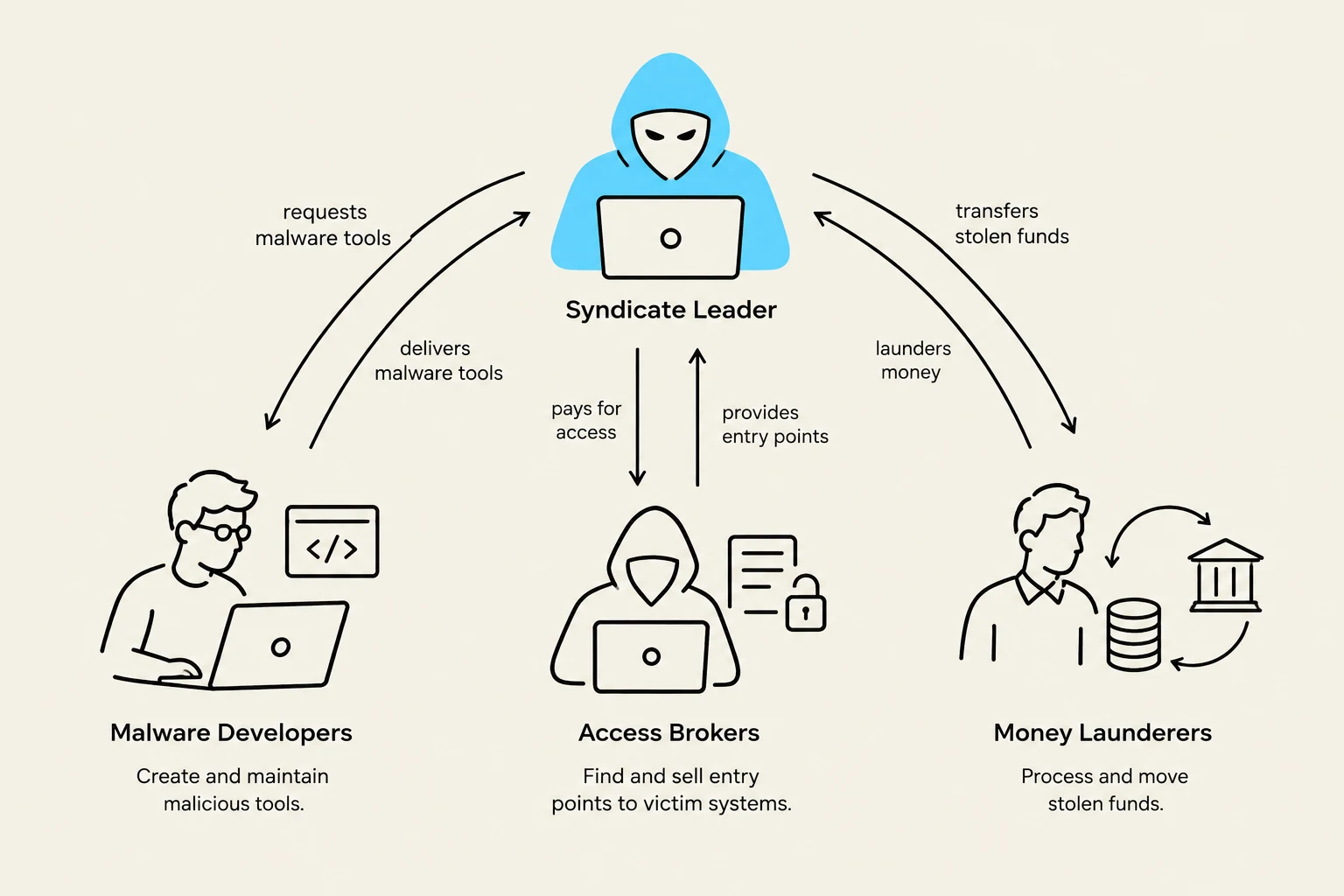 This diagram illustrates the roles and interactions within a cybercrime syndicate, including the Syndicate Leader, Malware Developers, Access Brokers, and Money Launderers.