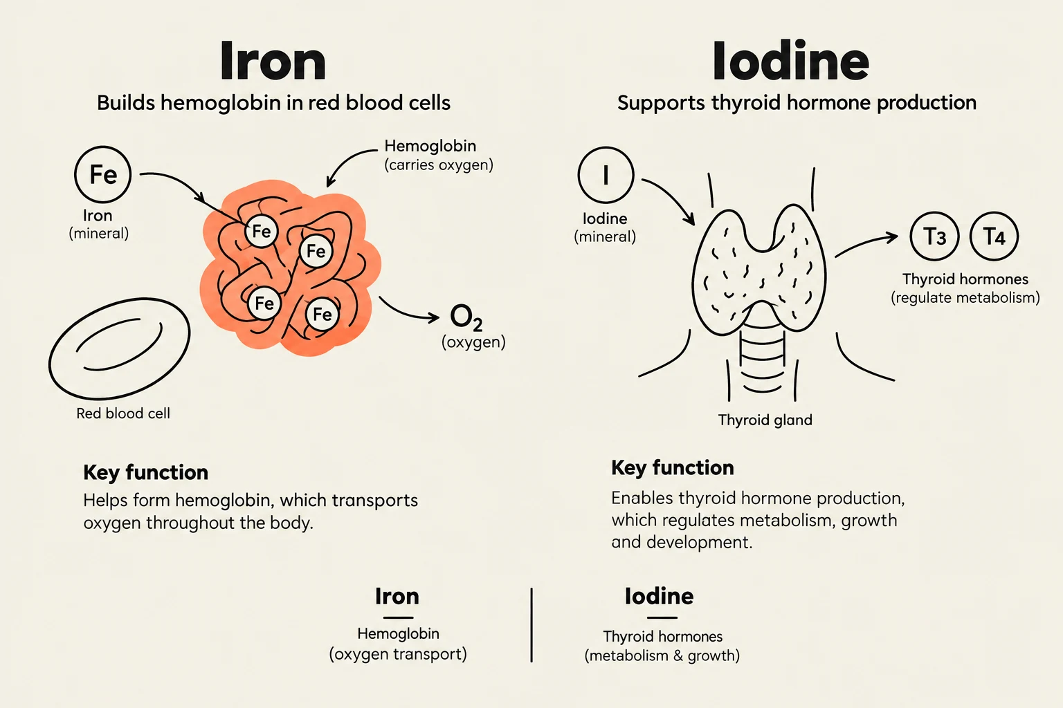 This illustration depicts the biological functions of iron and iodine in the human body. Iron is essential for building hemoglobin, which transports oxygen, while iodine supports thyroid hormone production, regulating metabolism, growth, and development.