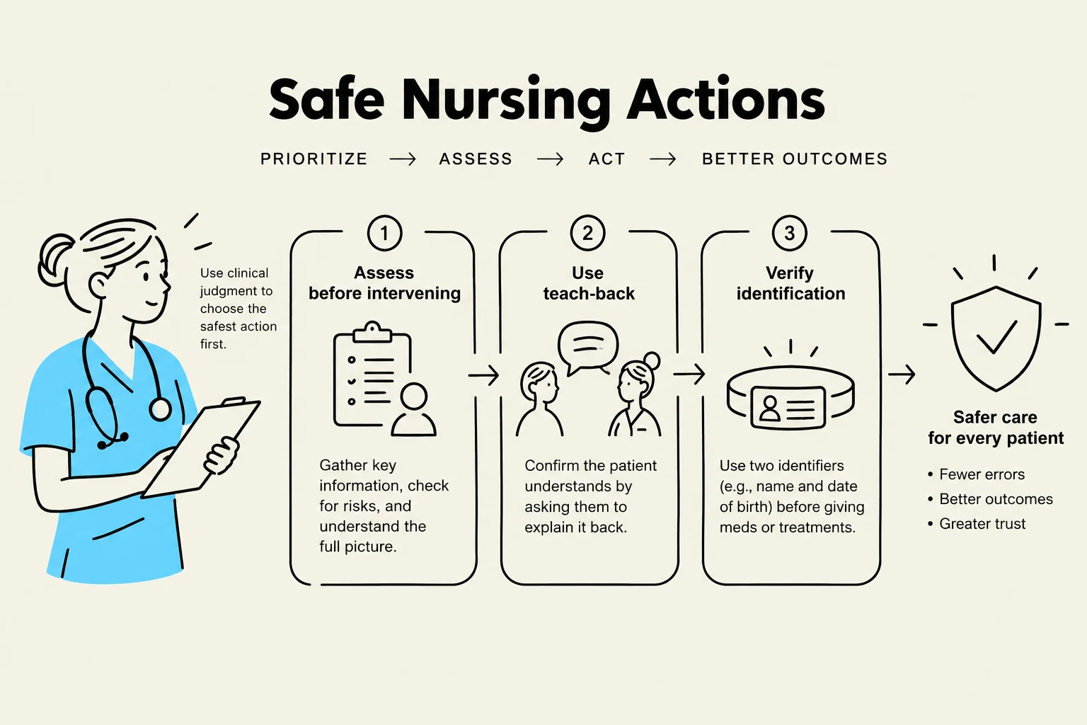 This diagram outlines safe nursing actions, emphasizing prioritization, assessment, acting, and achieving better outcomes. It details three key steps: assessing before intervening, using teach-back to confirm patient understanding, and verifying patient identification with two identifiers before administering medications or treatments, all contributing to safer patient care.
