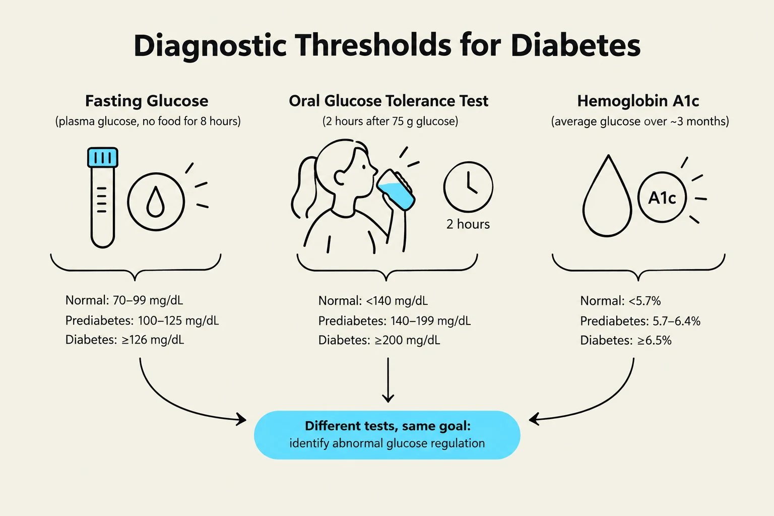 This diagram illustrates the diagnostic thresholds for diabetes, including fasting glucose levels, oral glucose tolerance tests, and Hemoglobin A1c measurements. It highlights the normal, prediabetes, and diabetes ranges for each test, emphasizing that different tests share the common goal of identifying abnormal glucose regulation.