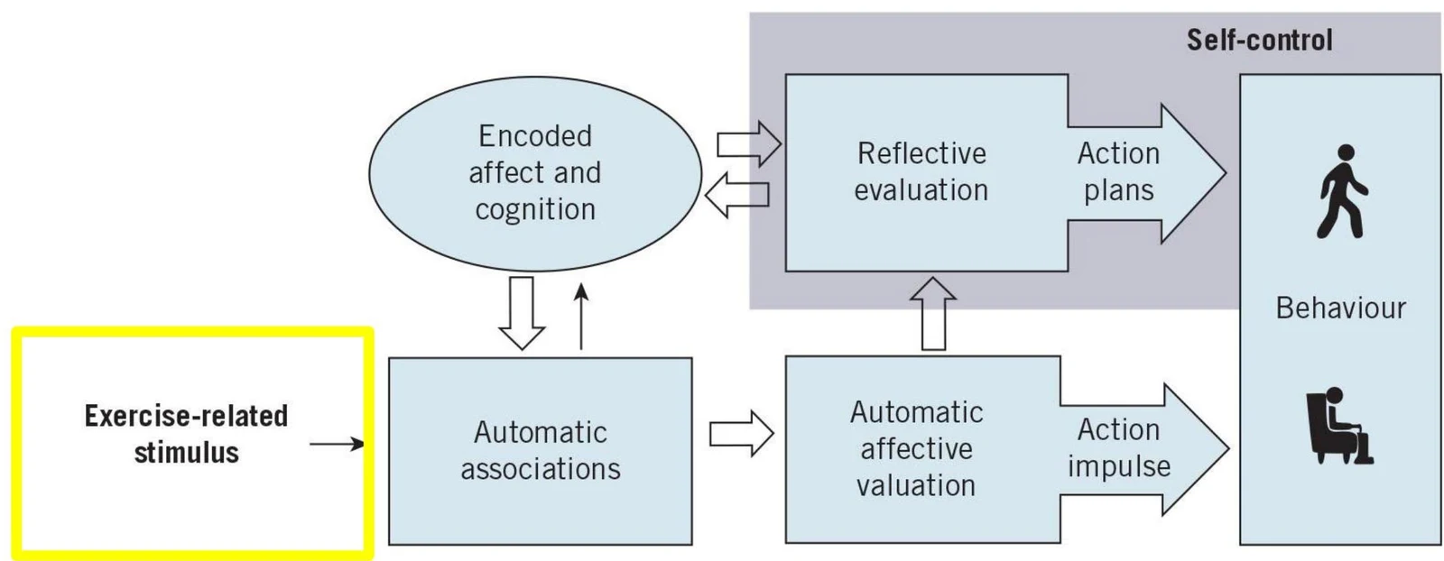 This diagram illustrates a model of self-control in behavior, showing the interplay between encoded affect and cognition, automatic associations, reflective evaluation, and automatic affective valuation in response to exercise-related stimuli.