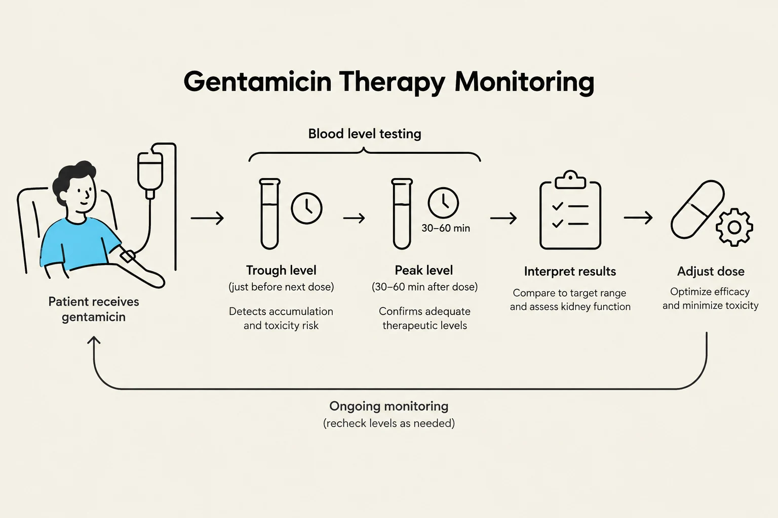 This diagram illustrates the process of monitoring gentamicin therapy, including blood level testing (trough and peak levels), result interpretation, and dose adjustment for optimized efficacy and minimized toxicity.