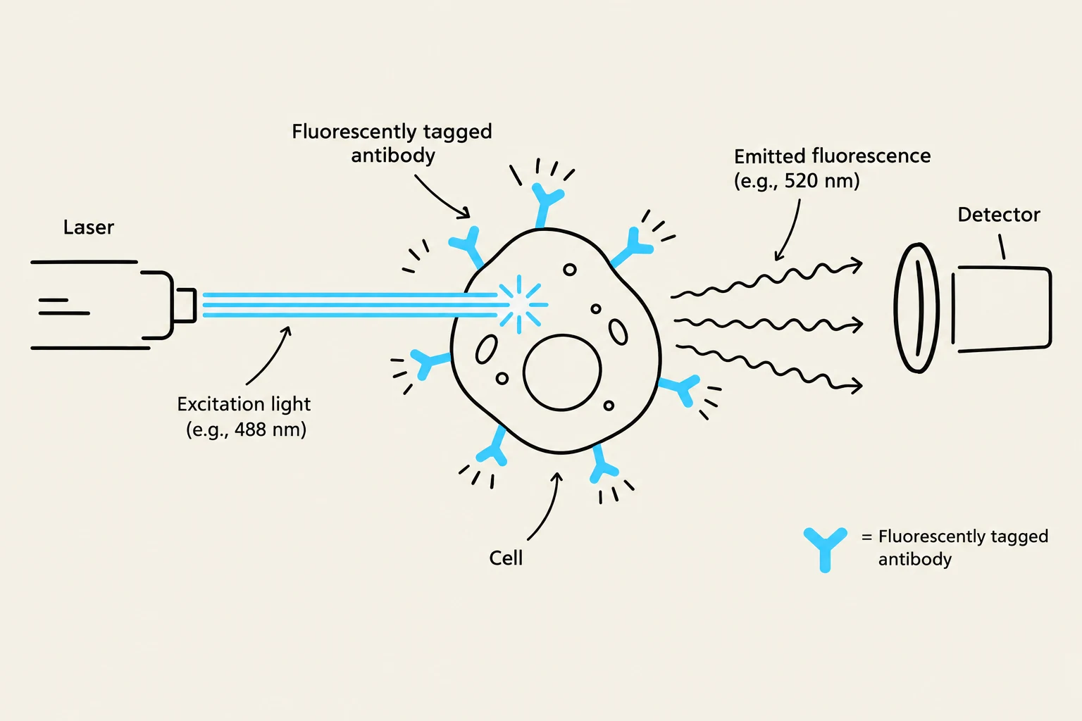 Diagram illustrating the principle of fluorescence microscopy, where a laser excites fluorescently tagged antibodies bound to a cell, and a detector measures the emitted fluorescence.