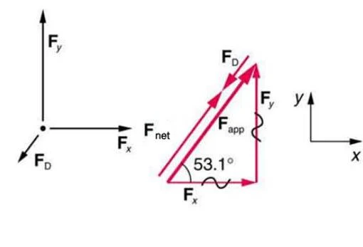 A vector diagram illustrating the decomposition of forces into their horizontal (Fx) and vertical (Fy) components, along with an applied force (Fapp) and a drag force (FD), resulting in a net force (Fnet).