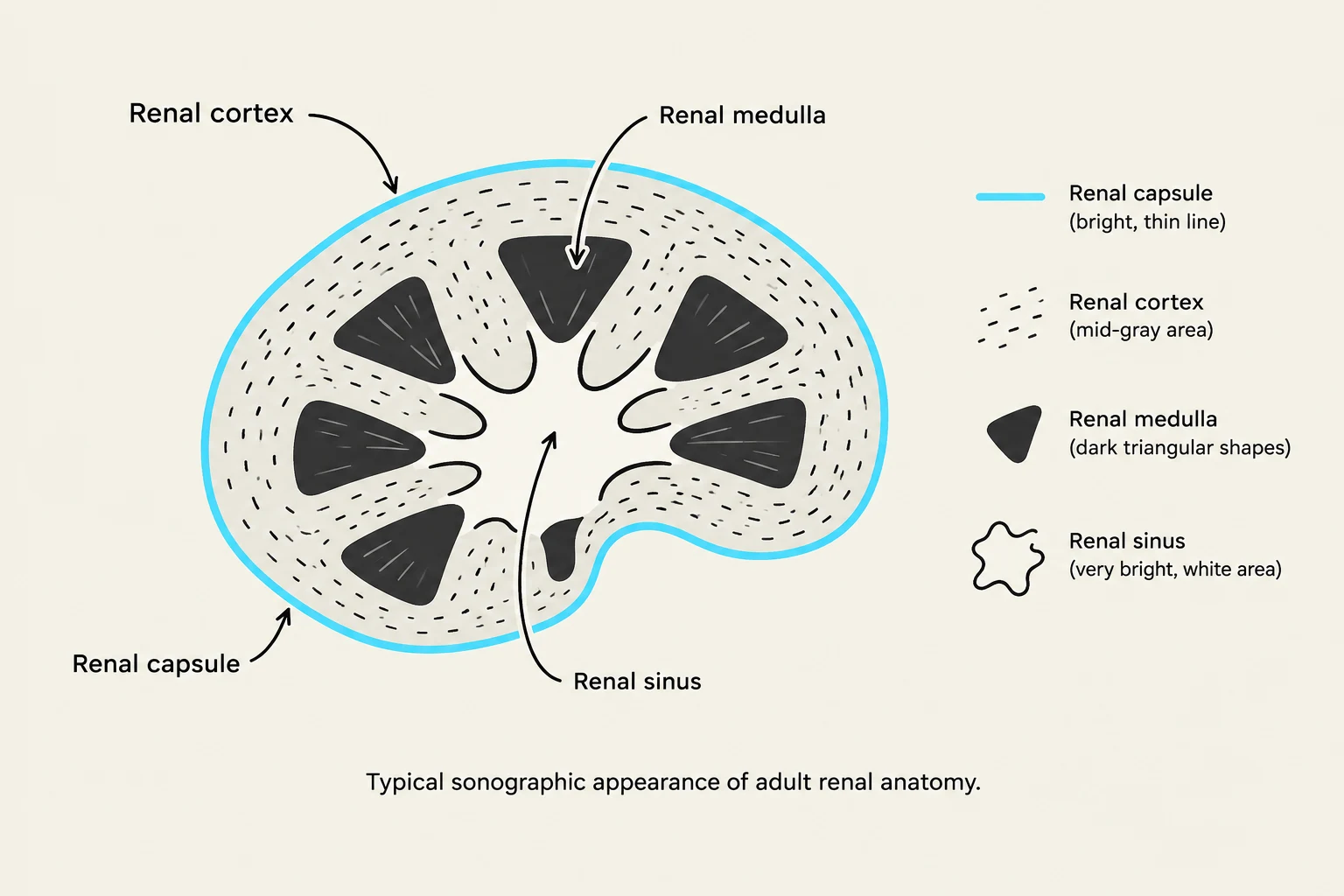 Diagram illustrating the typical sonographic appearance of adult renal anatomy, labeling the renal cortex, renal medulla, renal capsule, and renal sinus.
