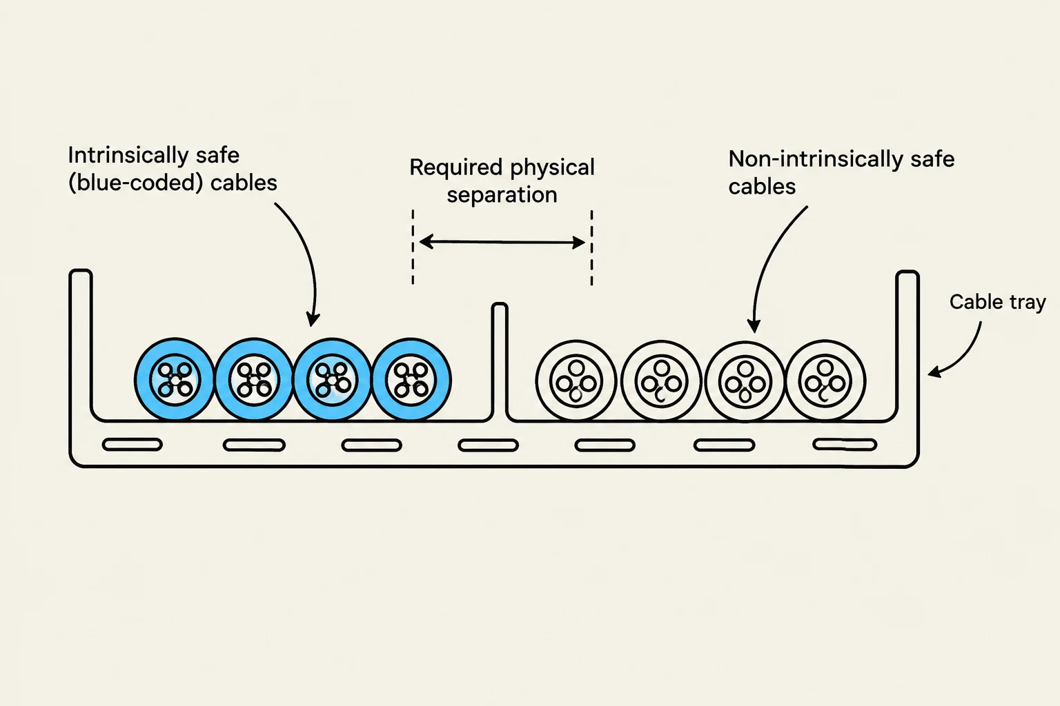 Diagram illustrating the required physical separation between intrinsically safe (blue-coded) cables and non-intrinsically safe cables within a cable tray.