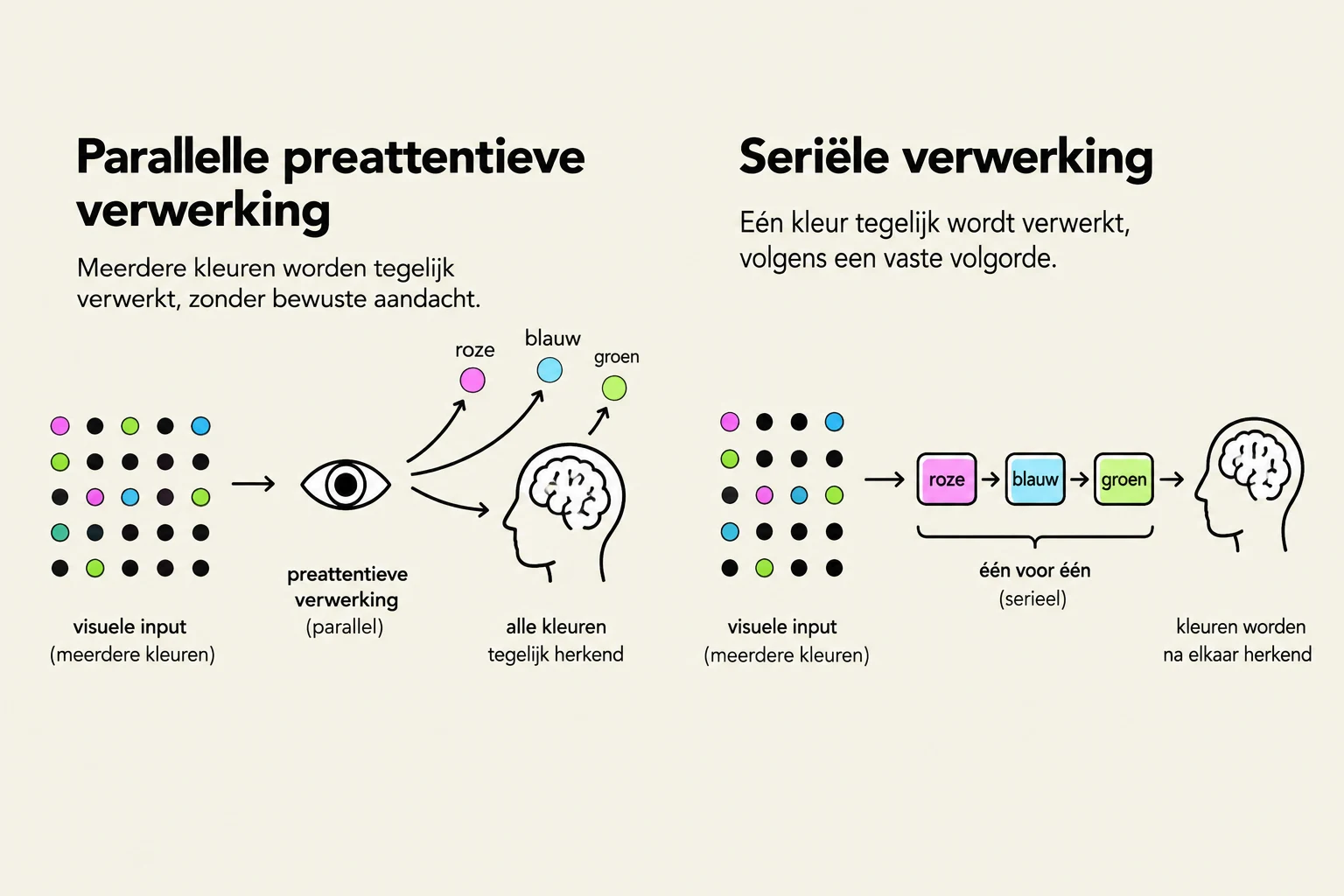 This illustration contrasts parallel preattentive processing, where multiple colors are processed simultaneously without conscious attention, with serial processing, where colors are processed one at a time in a fixed order.