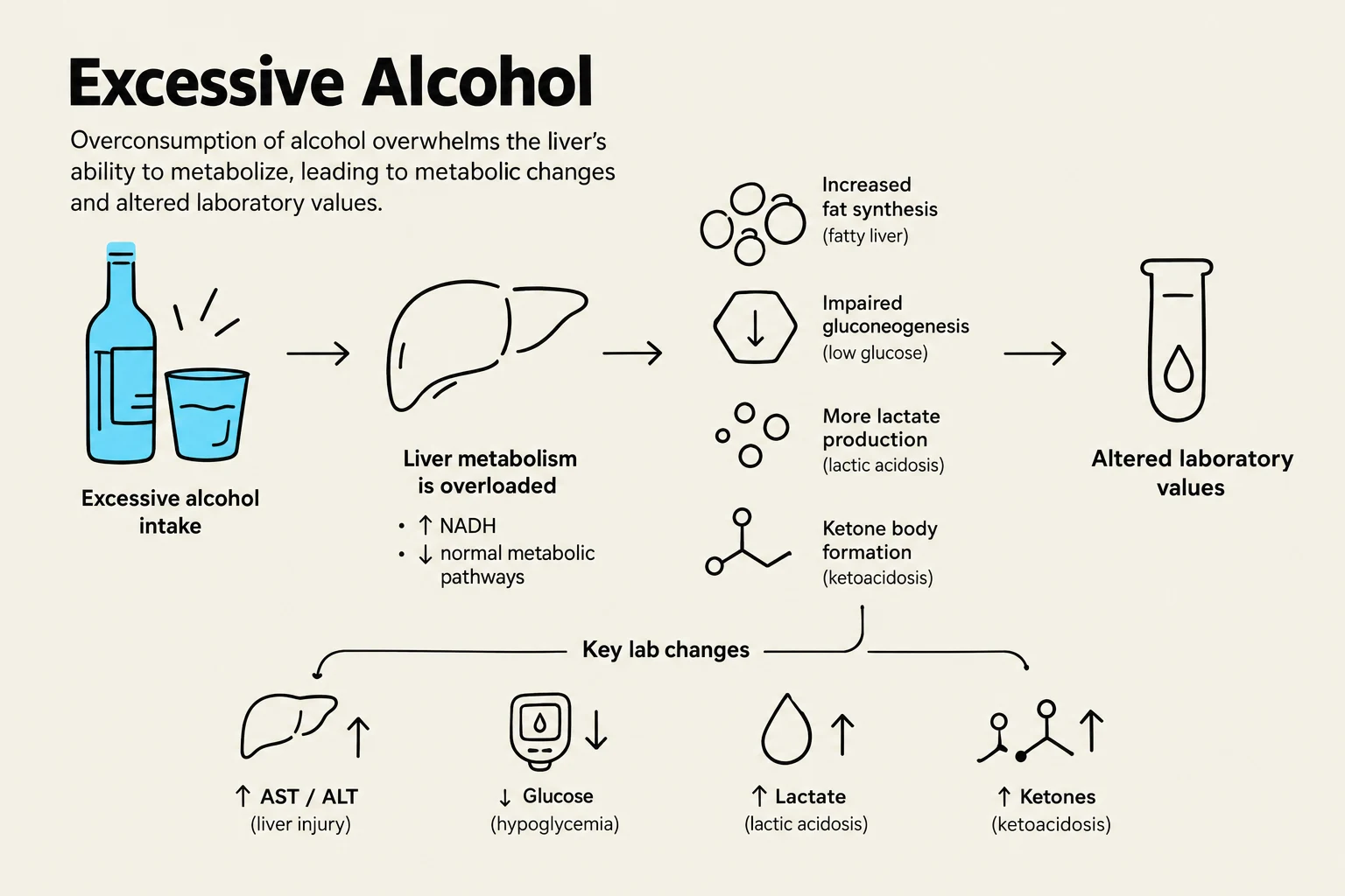 This diagram illustrates the metabolic consequences of excessive alcohol consumption on the liver, including increased fat synthesis, impaired gluconeogenesis, and altered lactate and ketone body production, leading to changes in laboratory values such as AST/ALT, glucose, lactate, and ketones.