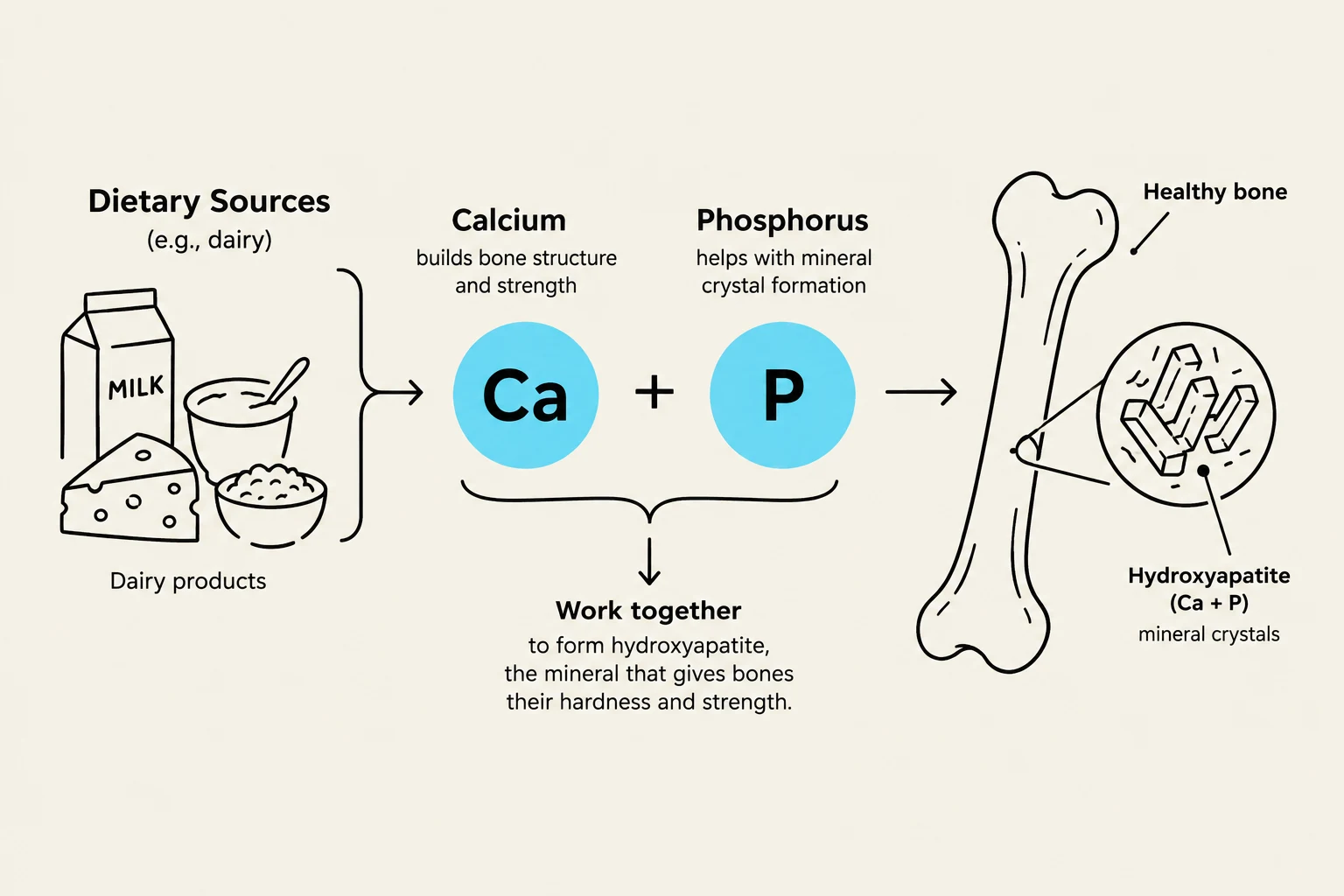 This diagram illustrates how calcium and phosphorus from dietary sources, such as dairy products, combine to form hydroxyapatite, the mineral that provides hardness and strength to healthy bones.