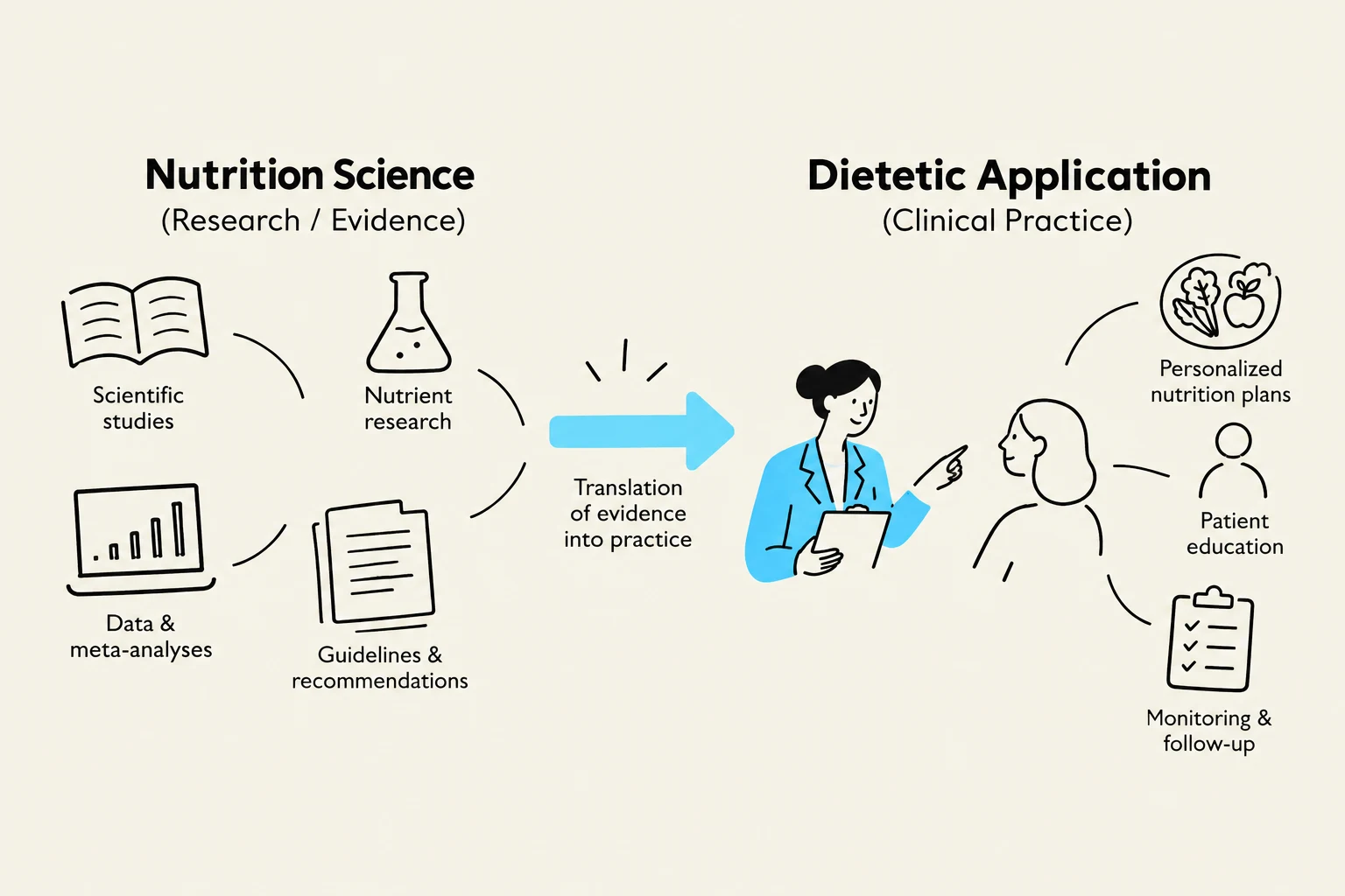 This diagram illustrates the process of translating nutrition science research into practical dietetic applications, including personalized nutrition plans, patient education, and ongoing monitoring.
